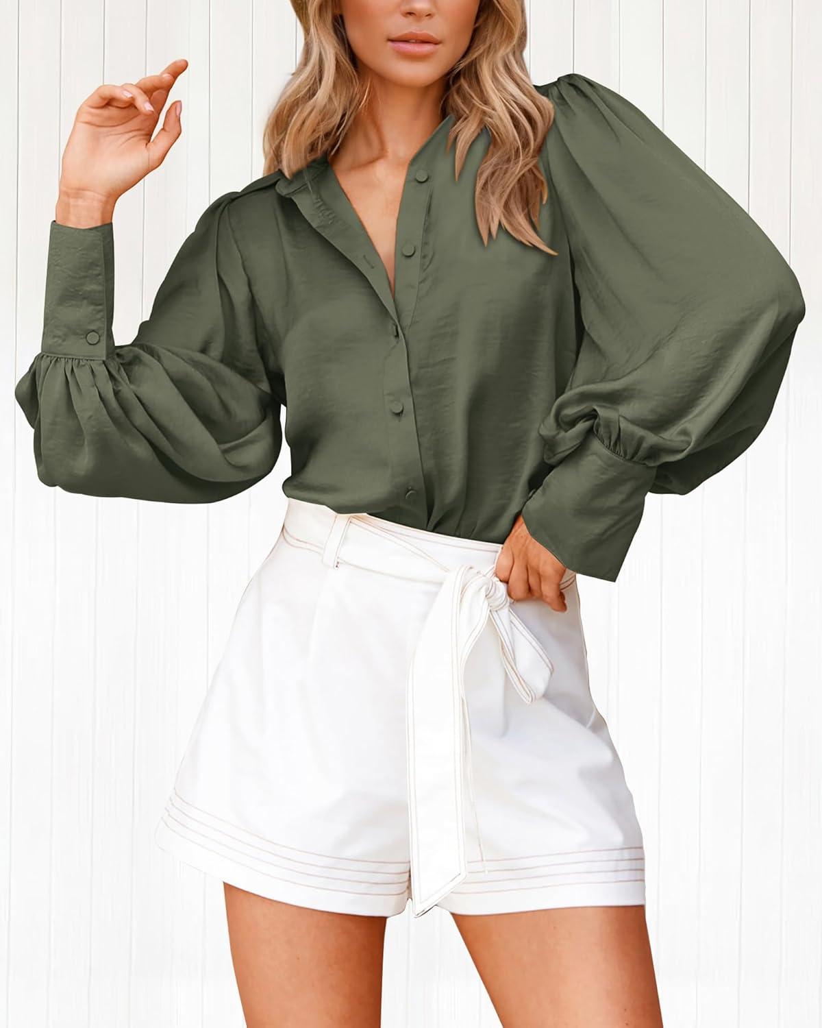 imageBTFBM Women Satin Button Down Shirts Lantern Long Sleeve Blouses Summer Fall Business Casual Outfits Dressy Work TopsArmy Green