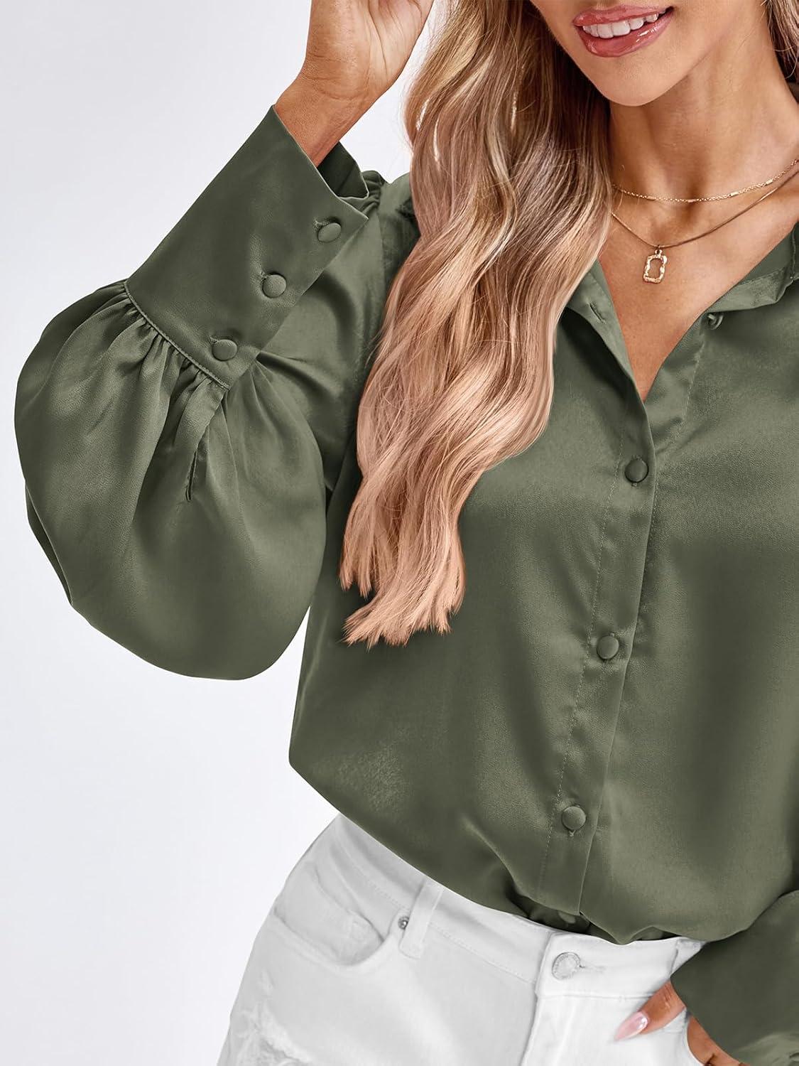 imageBTFBM Women Satin Button Down Shirts Lantern Long Sleeve Blouses Summer Fall Business Casual Outfits Dressy Work TopsArmy Green