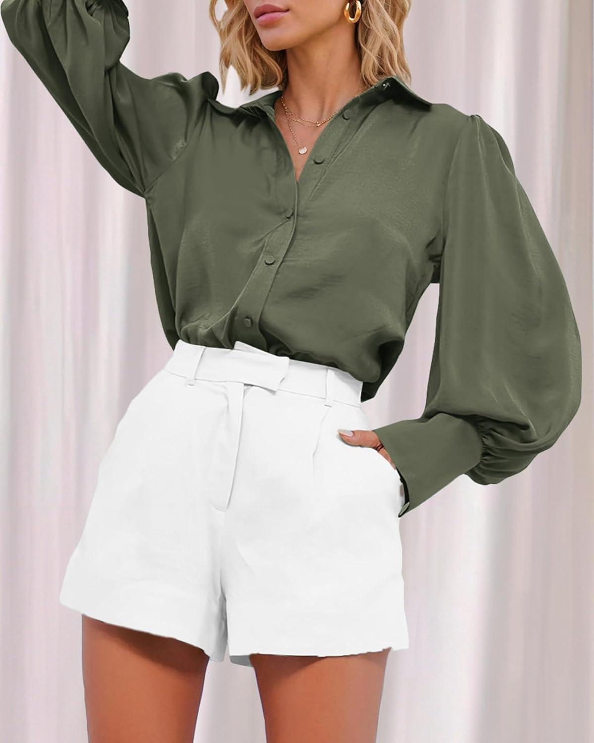imageBTFBM Women Satin Button Down Shirts Lantern Long Sleeve Blouses Summer Fall Business Casual Outfits Dressy Work TopsArmy Green