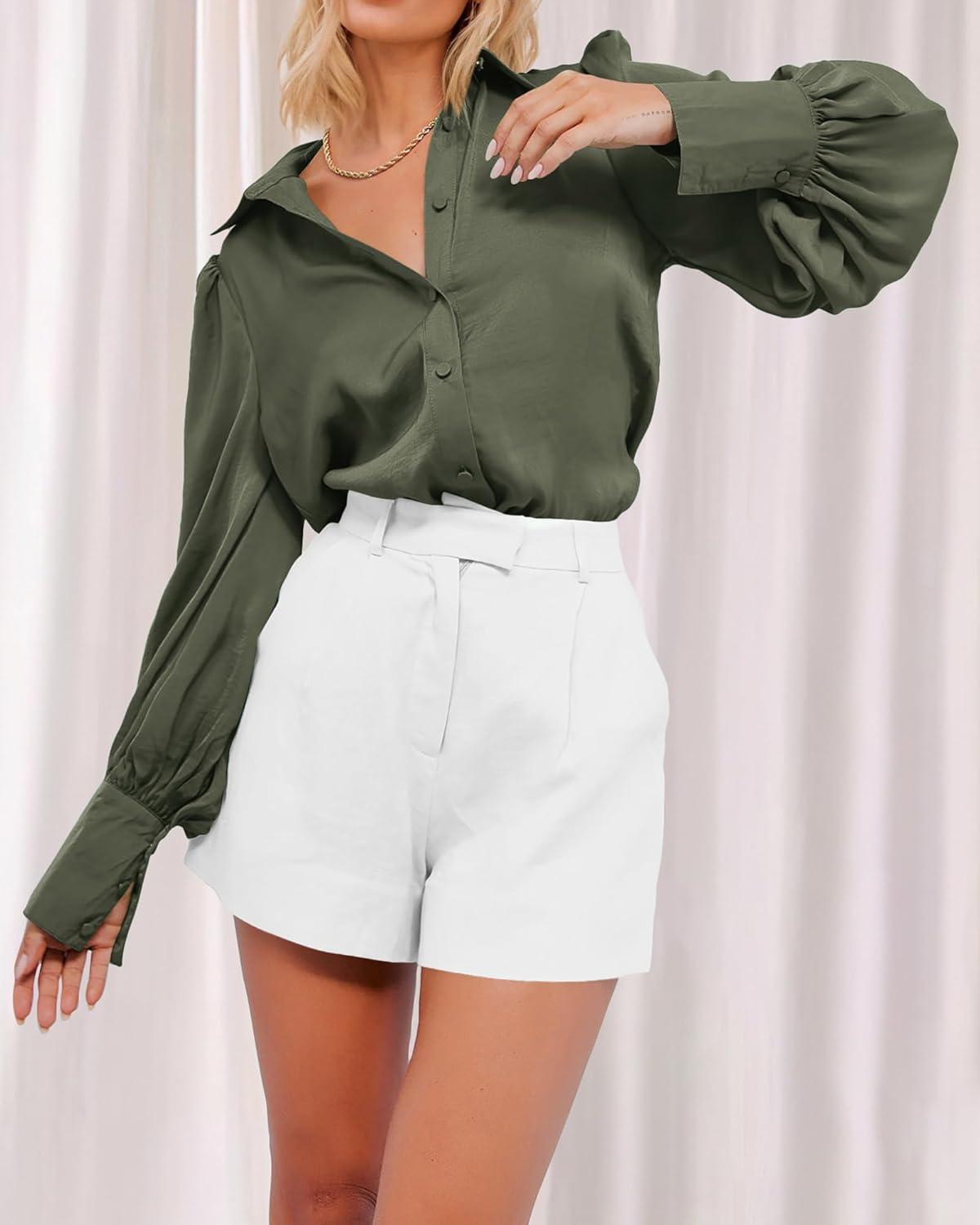 imageBTFBM Women Satin Button Down Shirts Lantern Long Sleeve Blouses Summer Fall Business Casual Outfits Dressy Work TopsArmy Green
