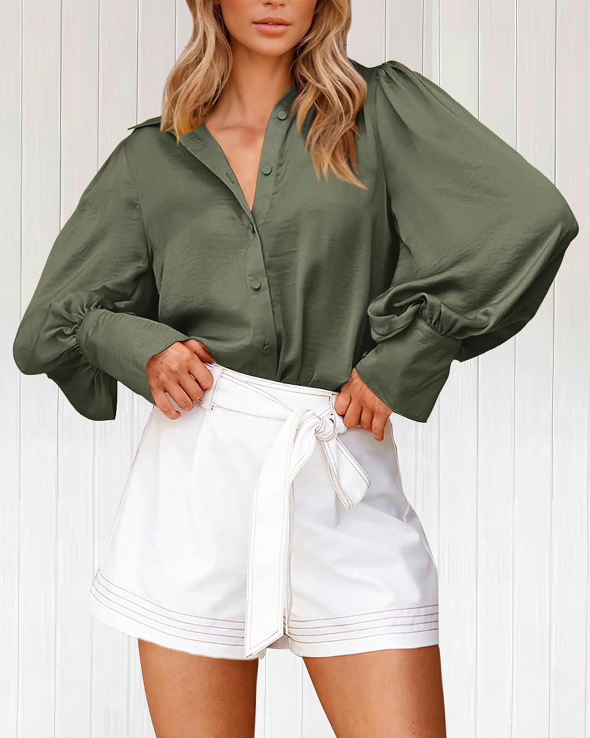 imageBTFBM Women Satin Button Down Shirts Lantern Long Sleeve Blouses Summer Fall Business Casual Outfits Dressy Work TopsArmy Green