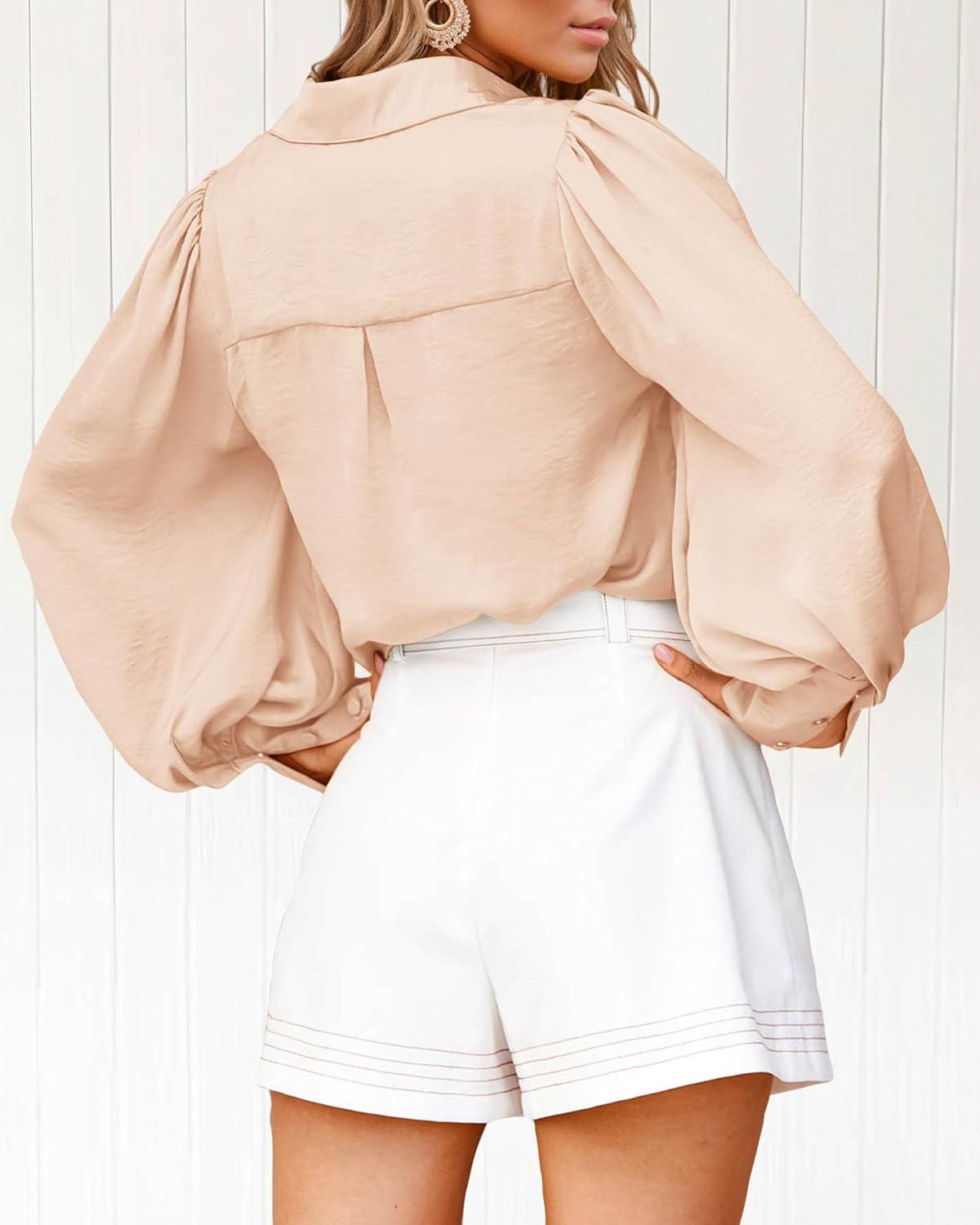 imageBTFBM Women Satin Button Down Shirts Lantern Long Sleeve Blouses Summer Fall Business Casual Outfits Dressy Work TopsBeige