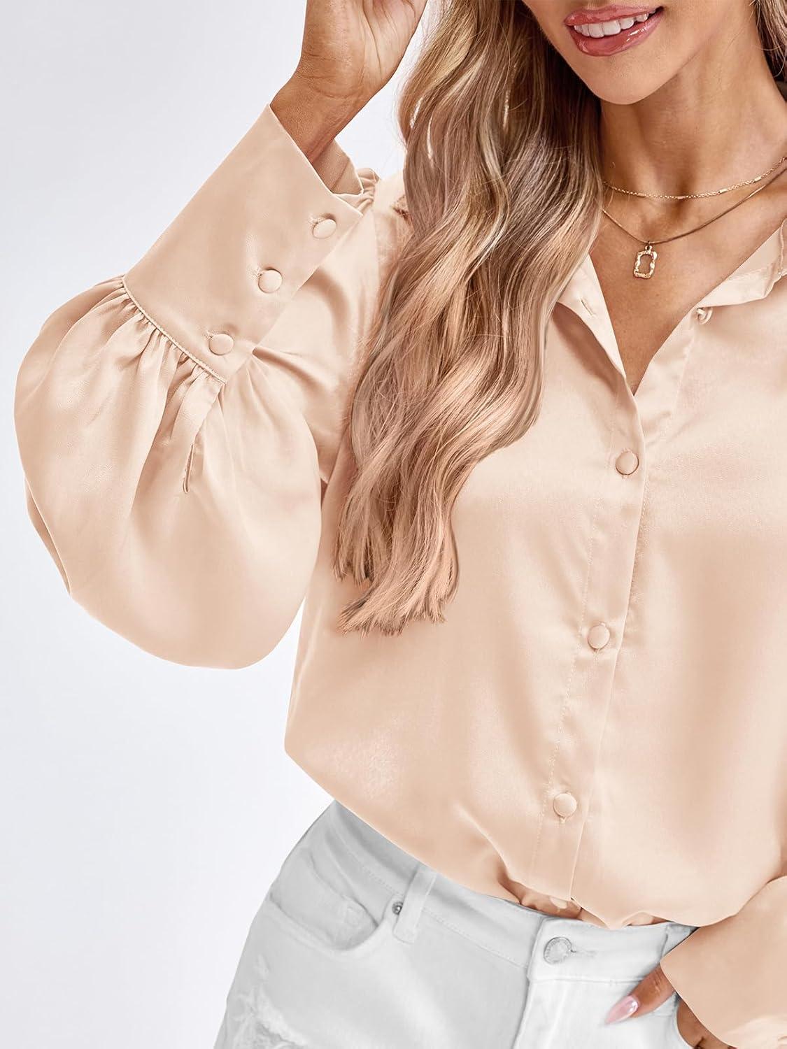 imageBTFBM Women Satin Button Down Shirts Lantern Long Sleeve Blouses Summer Fall Business Casual Outfits Dressy Work TopsBeige