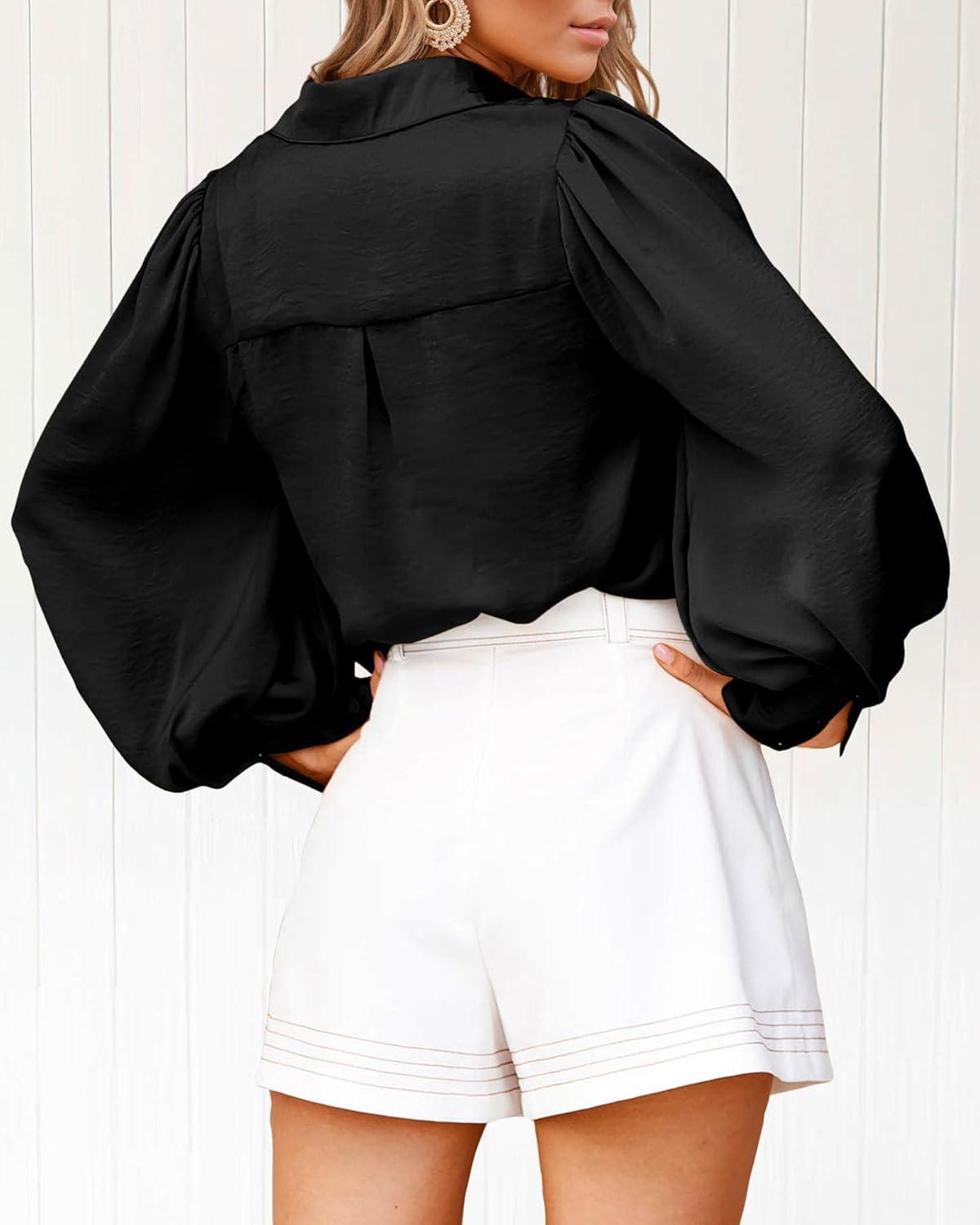 imageBTFBM Women Satin Button Down Shirts Lantern Long Sleeve Blouses Summer Fall Business Casual Outfits Dressy Work TopsBlack