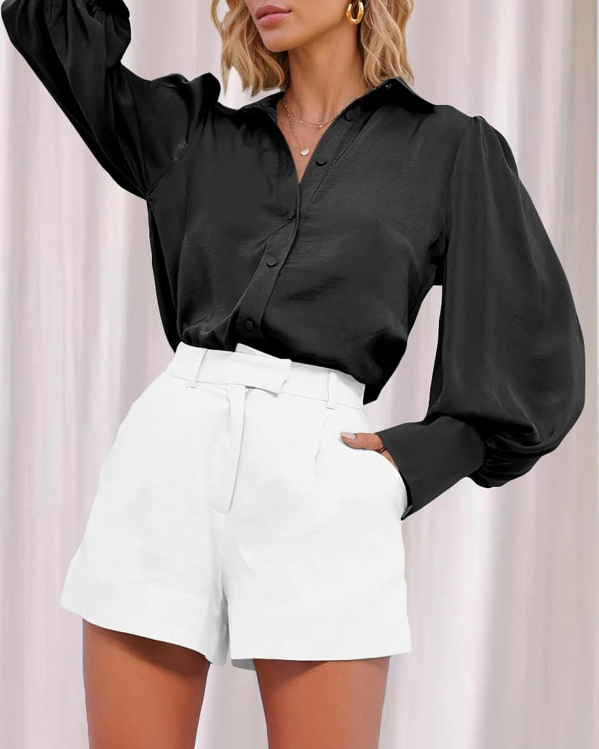 imageBTFBM Women Satin Button Down Shirts Lantern Long Sleeve Blouses Summer Fall Business Casual Outfits Dressy Work TopsBlack