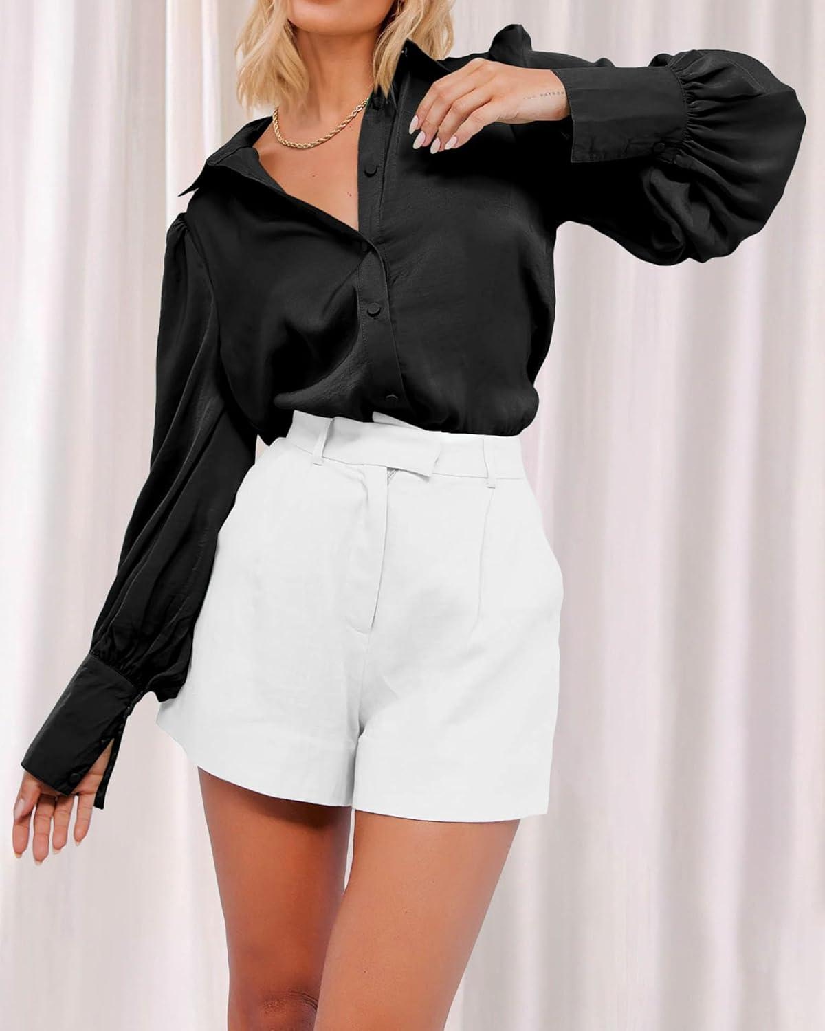 imageBTFBM Women Satin Button Down Shirts Lantern Long Sleeve Blouses Summer Fall Business Casual Outfits Dressy Work TopsBlack