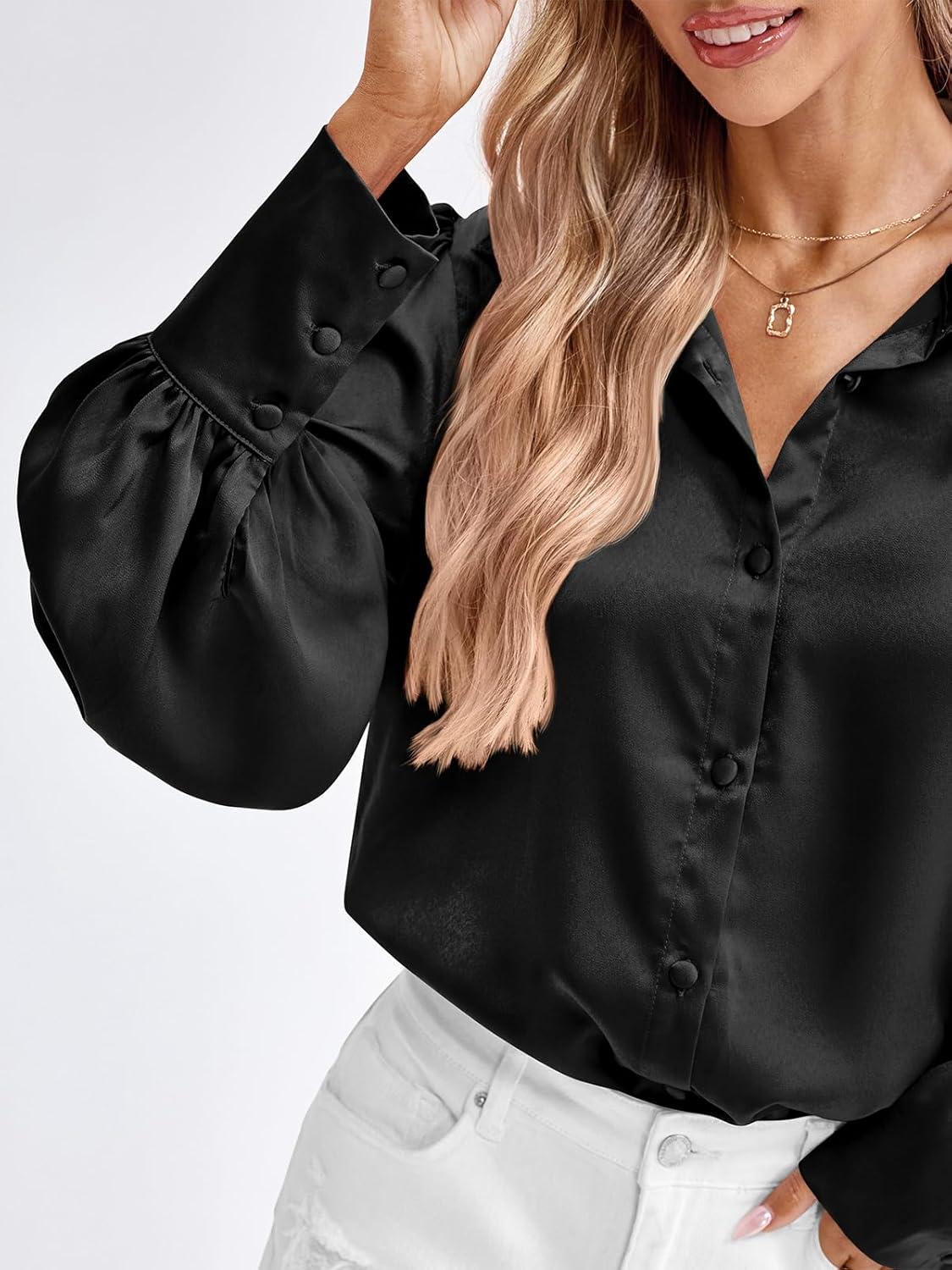 imageBTFBM Women Satin Button Down Shirts Lantern Long Sleeve Blouses Summer Fall Business Casual Outfits Dressy Work TopsBlack