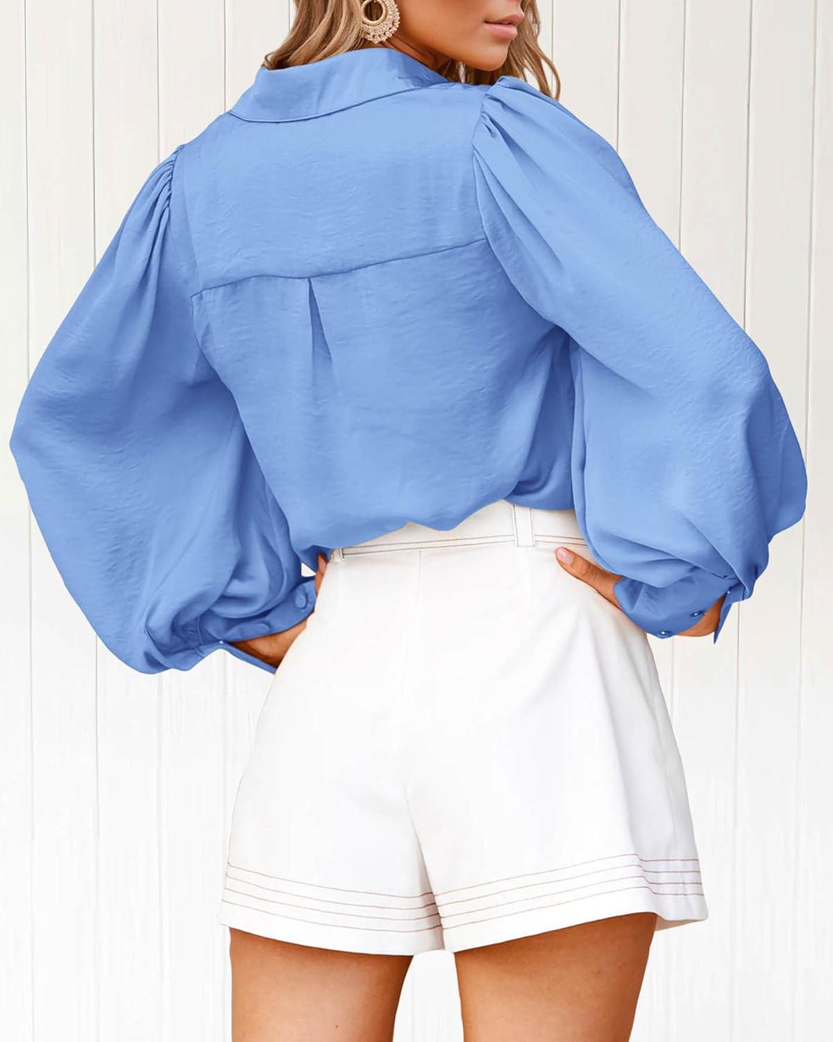 imageBTFBM Women Satin Button Down Shirts Lantern Long Sleeve Blouses Summer Fall Business Casual Outfits Dressy Work TopsBlue