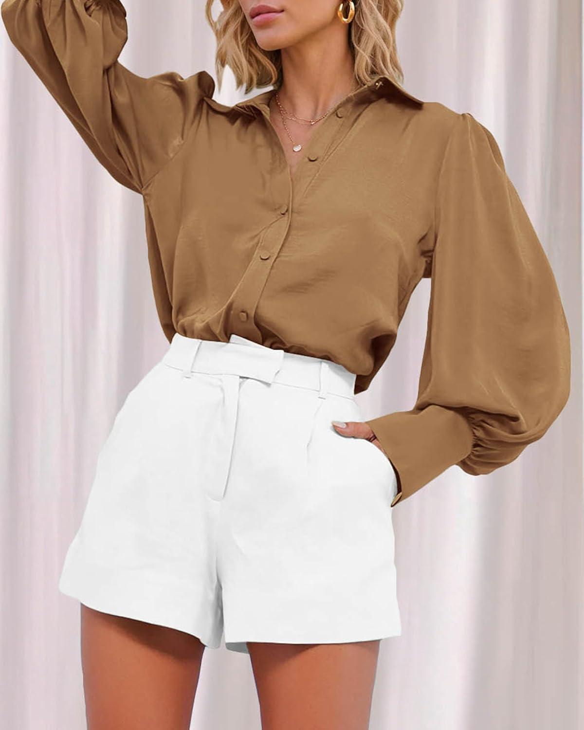 imageBTFBM Women Satin Button Down Shirts Lantern Long Sleeve Blouses Summer Fall Business Casual Outfits Dressy Work TopsBrown
