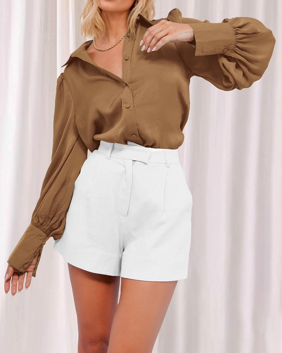 imageBTFBM Women Satin Button Down Shirts Lantern Long Sleeve Blouses Summer Fall Business Casual Outfits Dressy Work TopsBrown