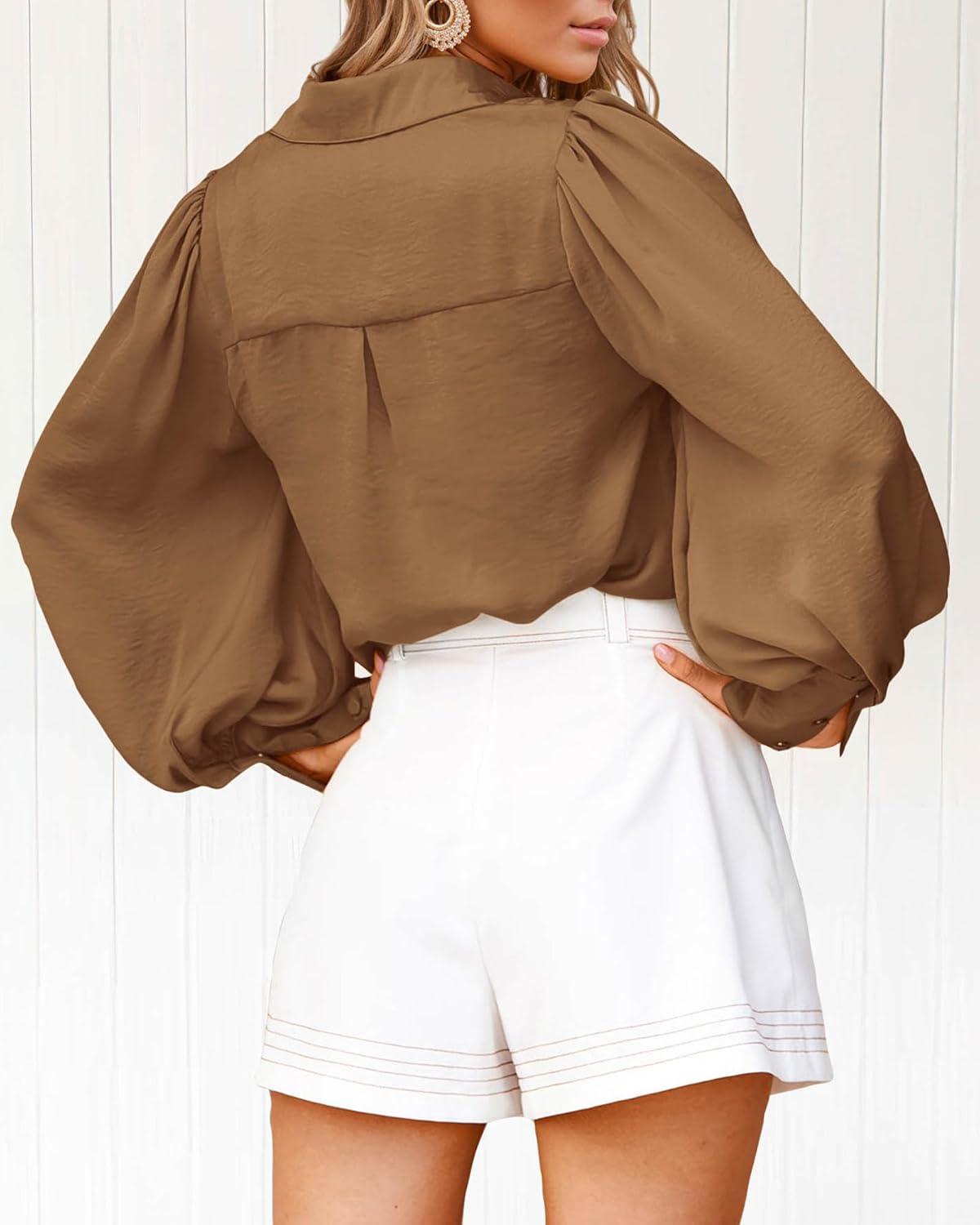 imageBTFBM Women Satin Button Down Shirts Lantern Long Sleeve Blouses Summer Fall Business Casual Outfits Dressy Work TopsBrown