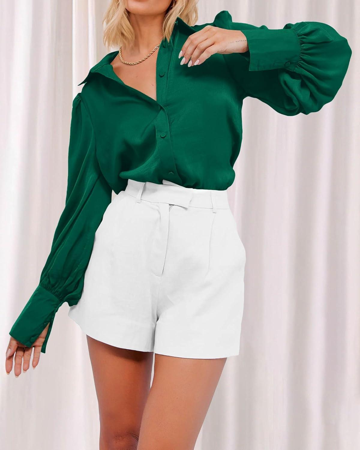 imageBTFBM Women Satin Button Down Shirts Lantern Long Sleeve Blouses Summer Fall Business Casual Outfits Dressy Work TopsGreen