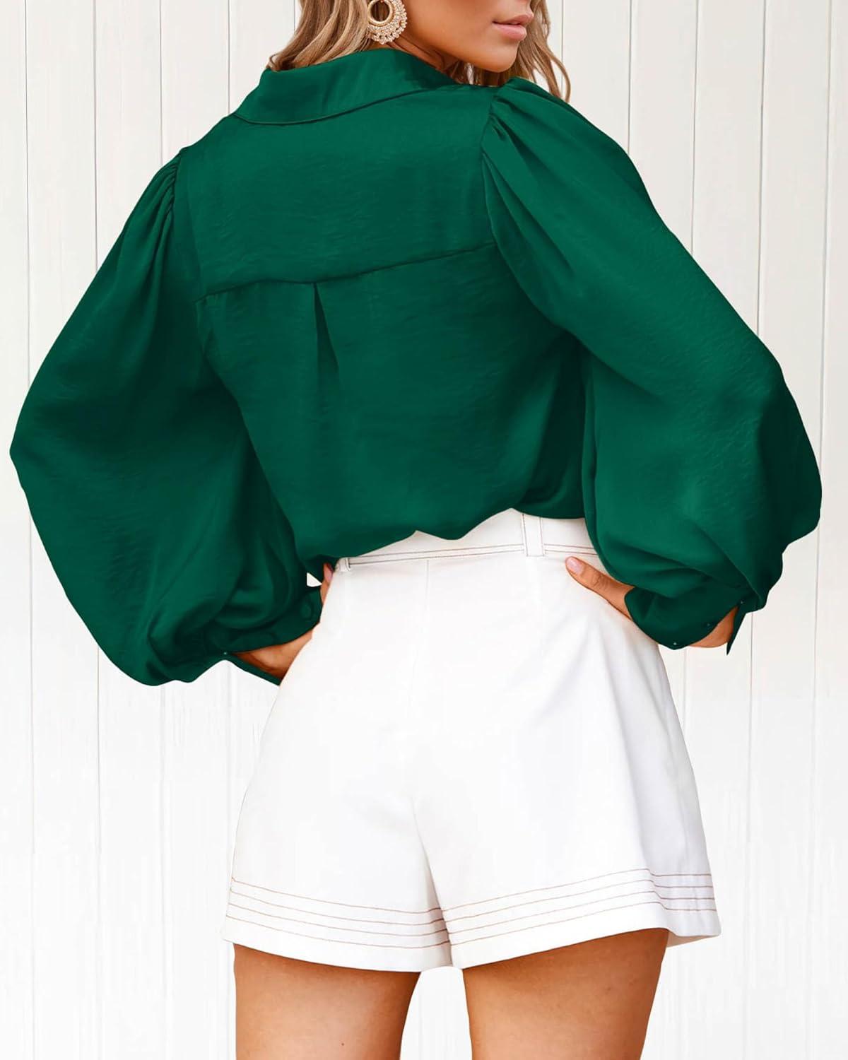 imageBTFBM Women Satin Button Down Shirts Lantern Long Sleeve Blouses Summer Fall Business Casual Outfits Dressy Work TopsGreen