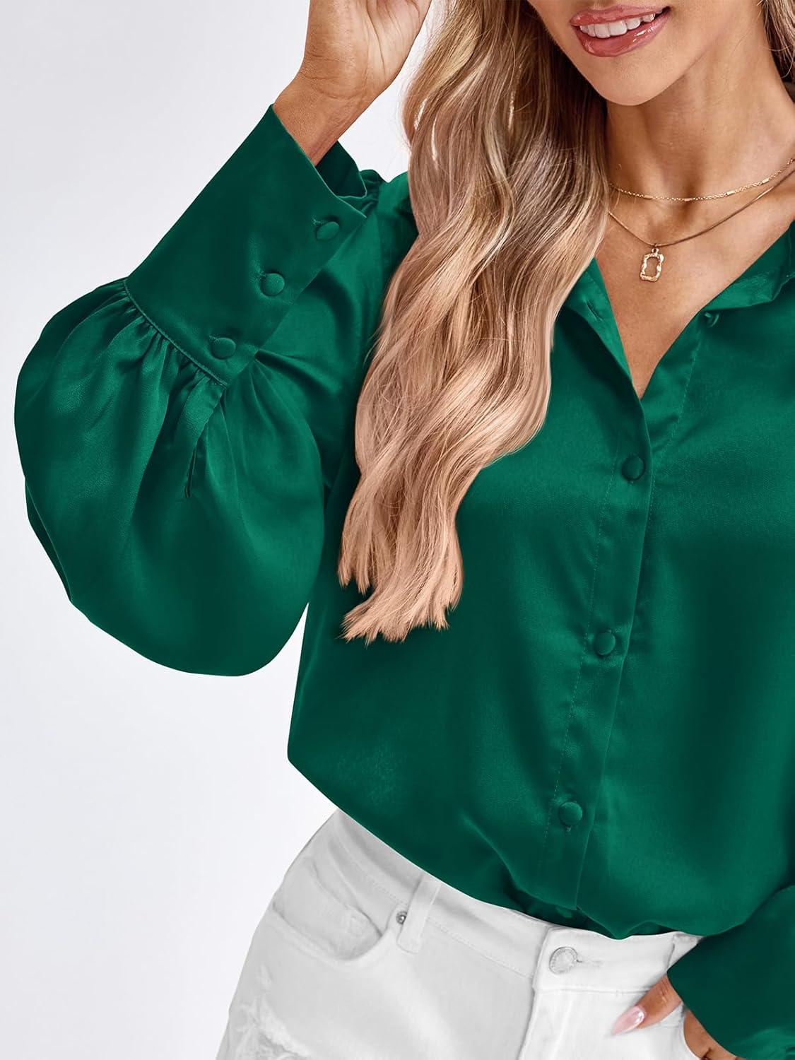 imageBTFBM Women Satin Button Down Shirts Lantern Long Sleeve Blouses Summer Fall Business Casual Outfits Dressy Work TopsGreen