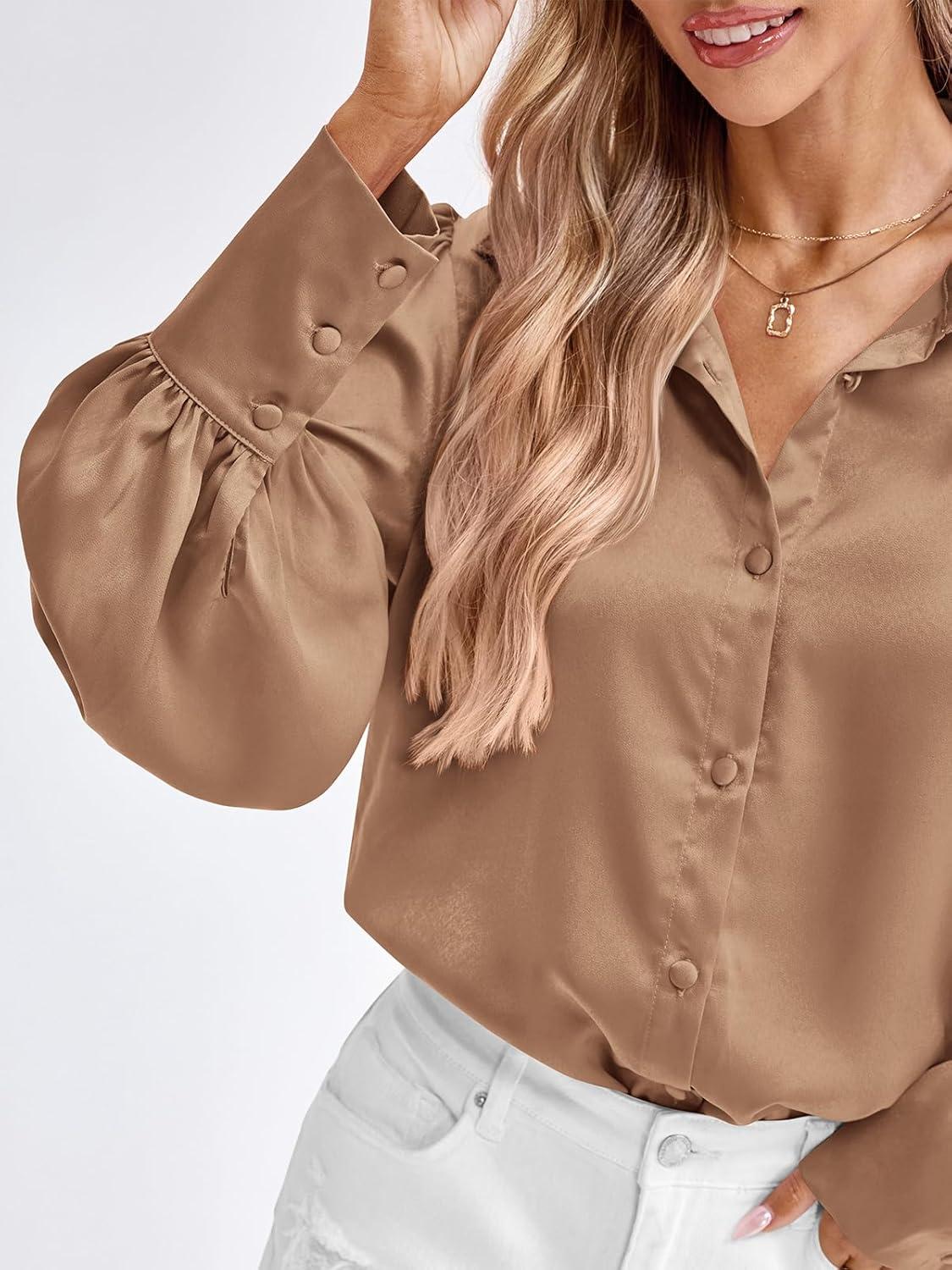 imageBTFBM Women Satin Button Down Shirts Lantern Long Sleeve Blouses Summer Fall Business Casual Outfits Dressy Work TopsKhaki