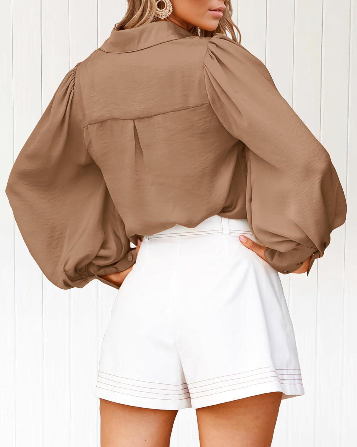 imageBTFBM Women Satin Button Down Shirts Lantern Long Sleeve Blouses Summer Fall Business Casual Outfits Dressy Work TopsKhaki