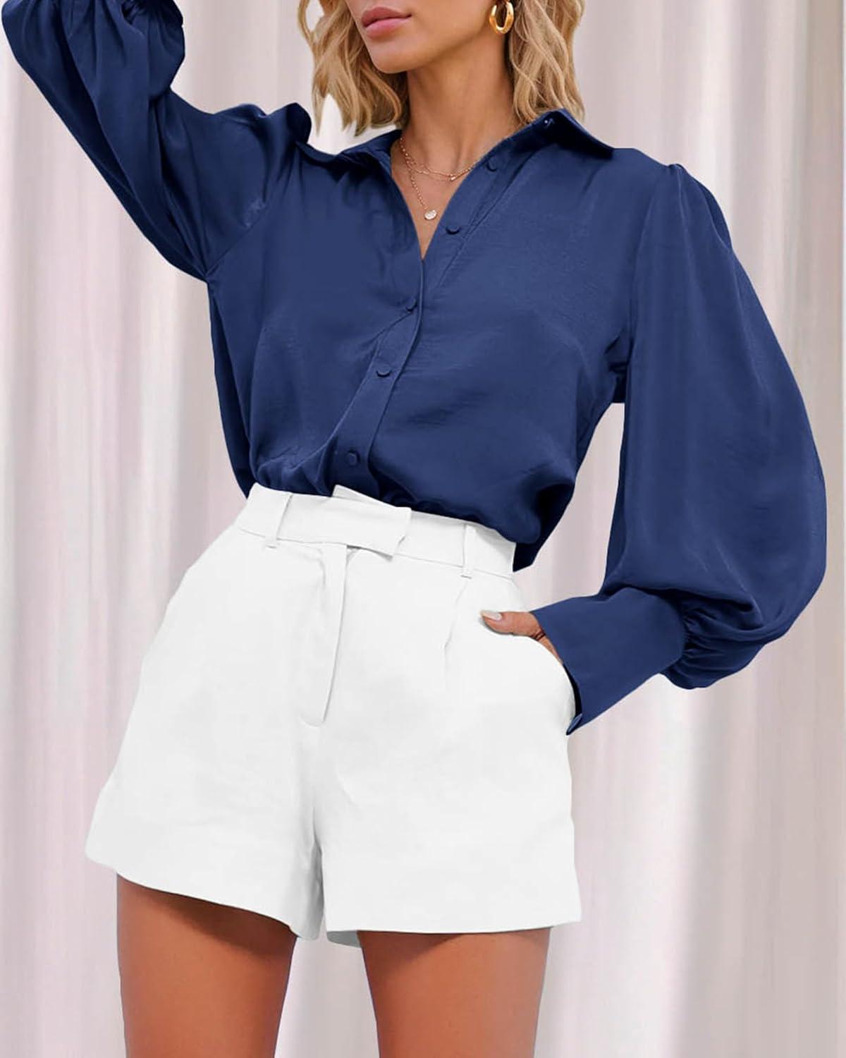 imageBTFBM Women Satin Button Down Shirts Lantern Long Sleeve Blouses Summer Fall Business Casual Outfits Dressy Work TopsNavy