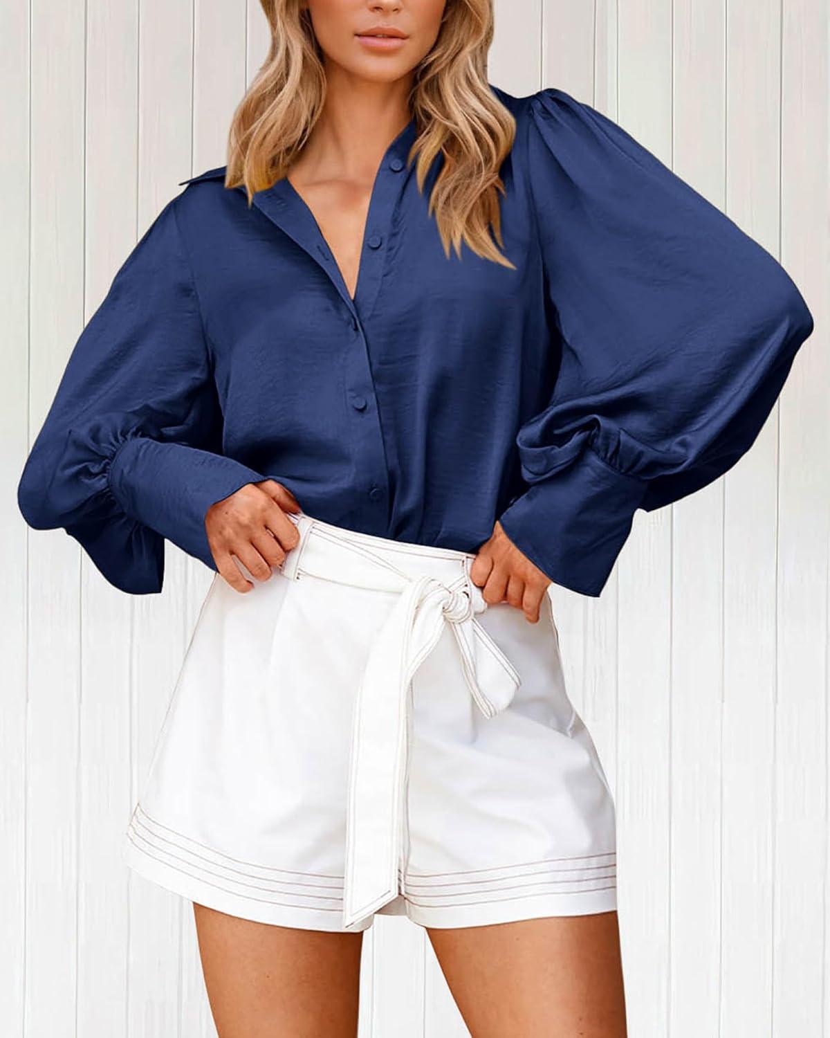 imageBTFBM Women Satin Button Down Shirts Lantern Long Sleeve Blouses Summer Fall Business Casual Outfits Dressy Work TopsNavy