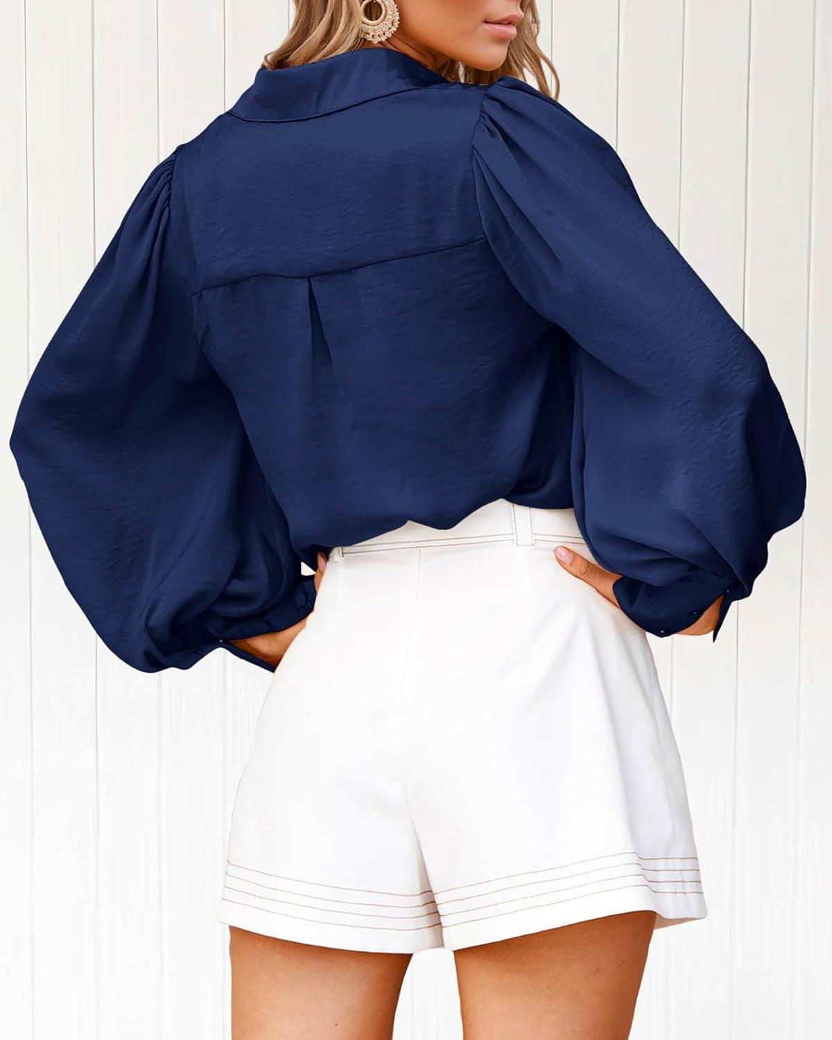 imageBTFBM Women Satin Button Down Shirts Lantern Long Sleeve Blouses Summer Fall Business Casual Outfits Dressy Work TopsNavy