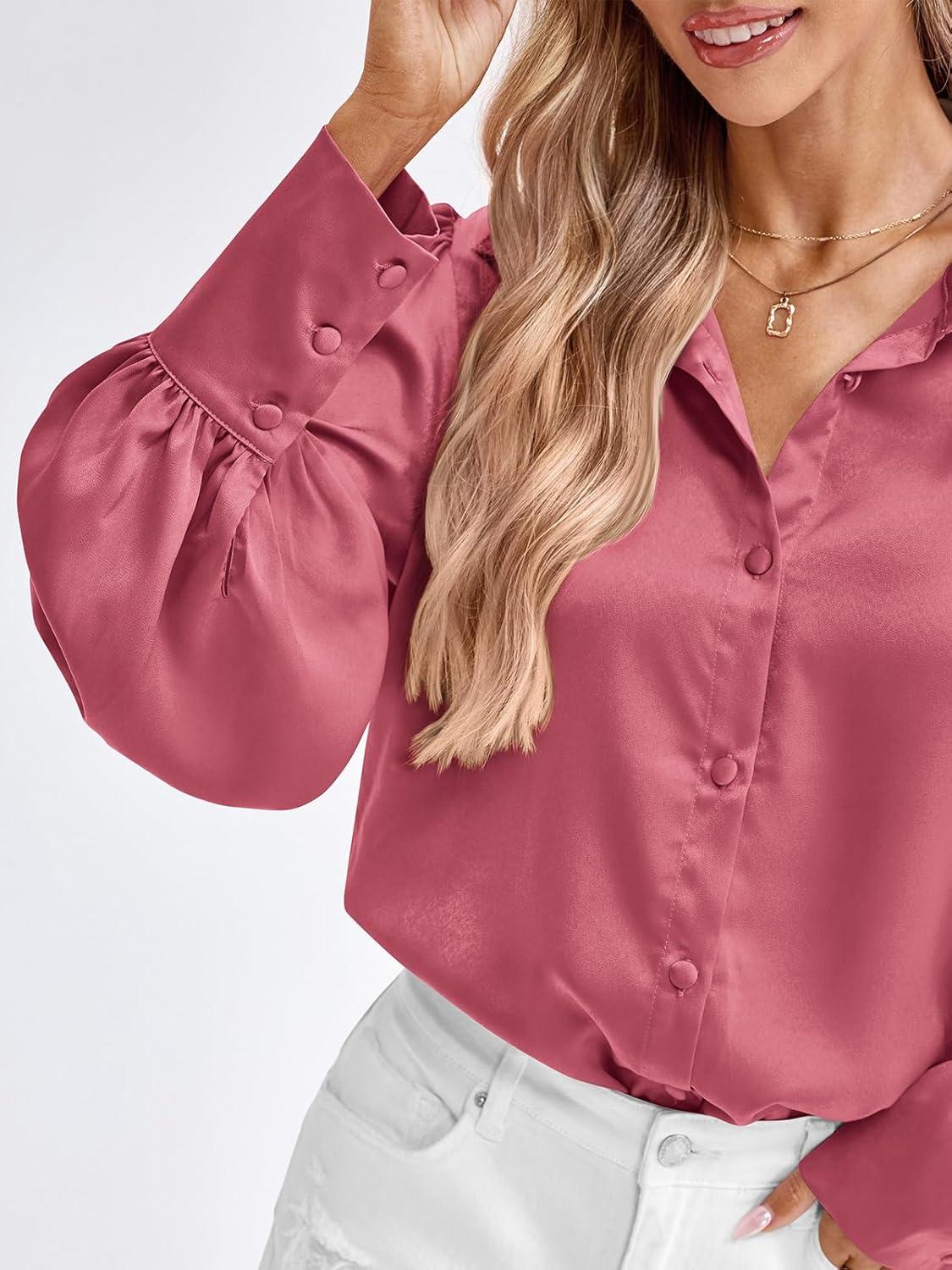 imageBTFBM Women Satin Button Down Shirts Lantern Long Sleeve Blouses Summer Fall Business Casual Outfits Dressy Work TopsPink