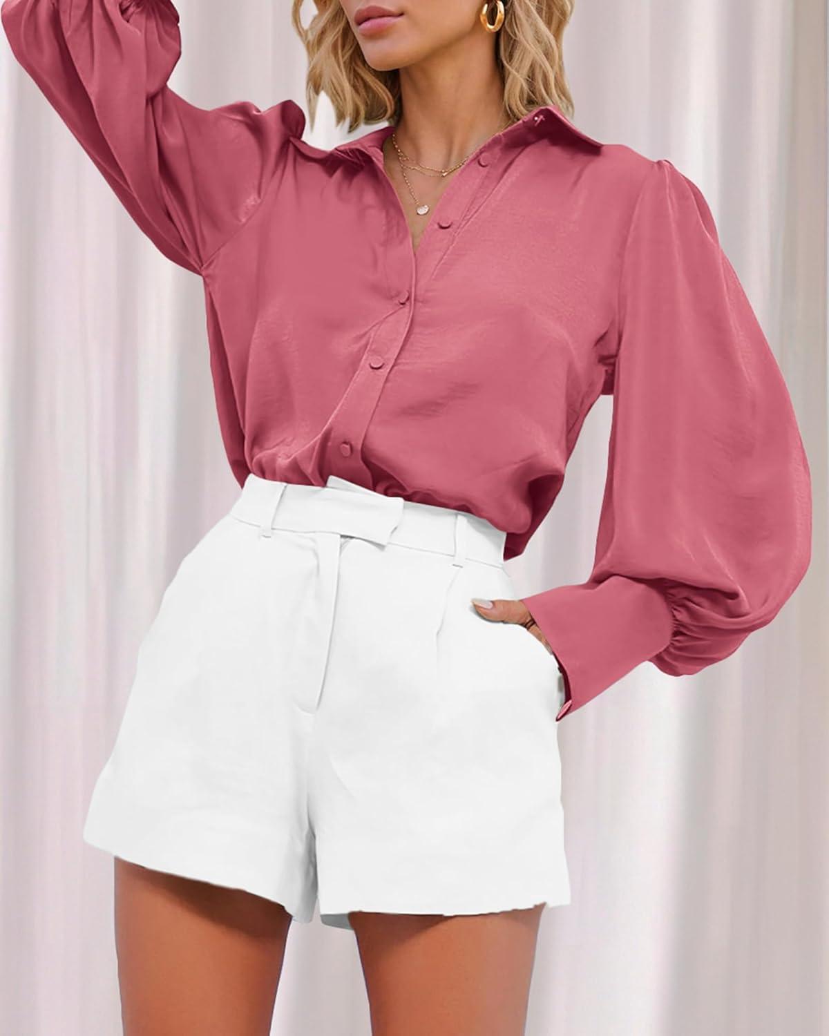 imageBTFBM Women Satin Button Down Shirts Lantern Long Sleeve Blouses Summer Fall Business Casual Outfits Dressy Work TopsPink