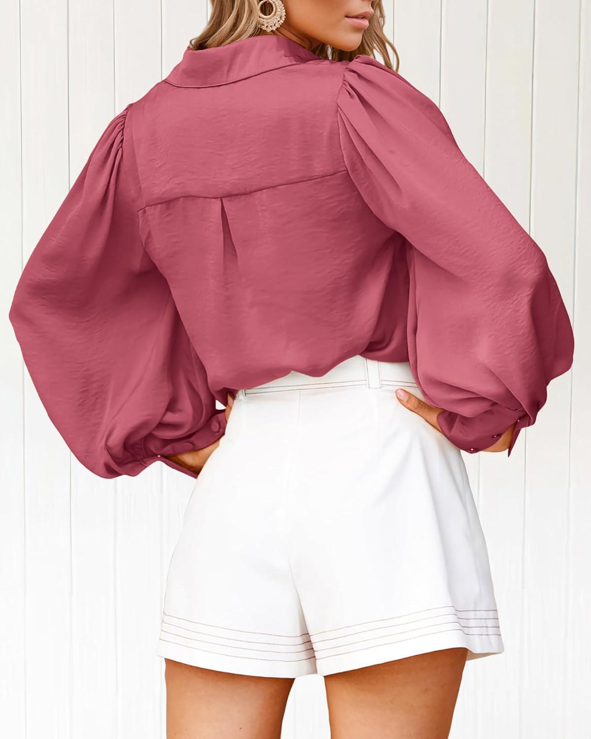 imageBTFBM Women Satin Button Down Shirts Lantern Long Sleeve Blouses Summer Fall Business Casual Outfits Dressy Work TopsPink