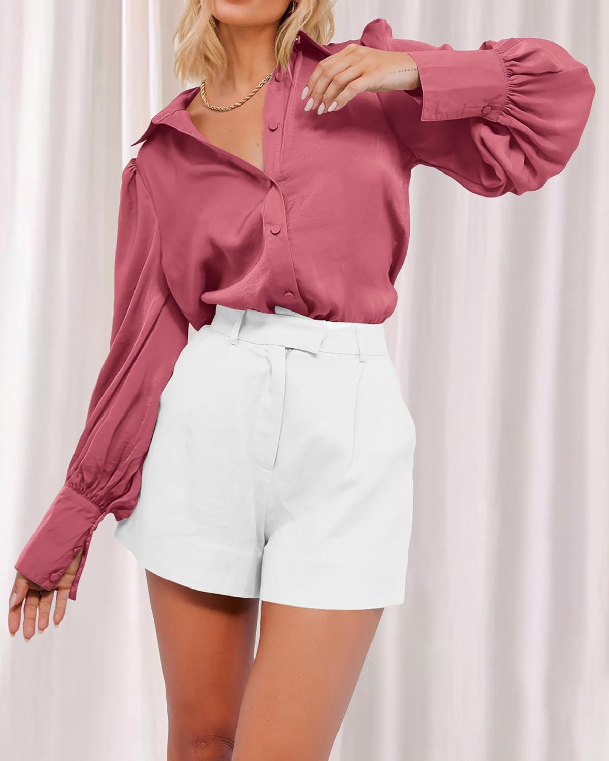 imageBTFBM Women Satin Button Down Shirts Lantern Long Sleeve Blouses Summer Fall Business Casual Outfits Dressy Work TopsPink