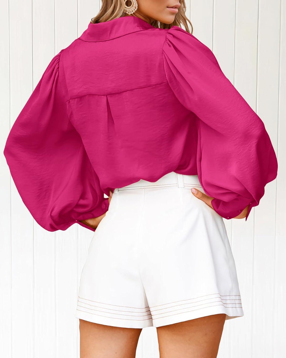 imageBTFBM Women Satin Button Down Shirts Lantern Long Sleeve Blouses Summer Fall Business Casual Outfits Dressy Work TopsRose Red