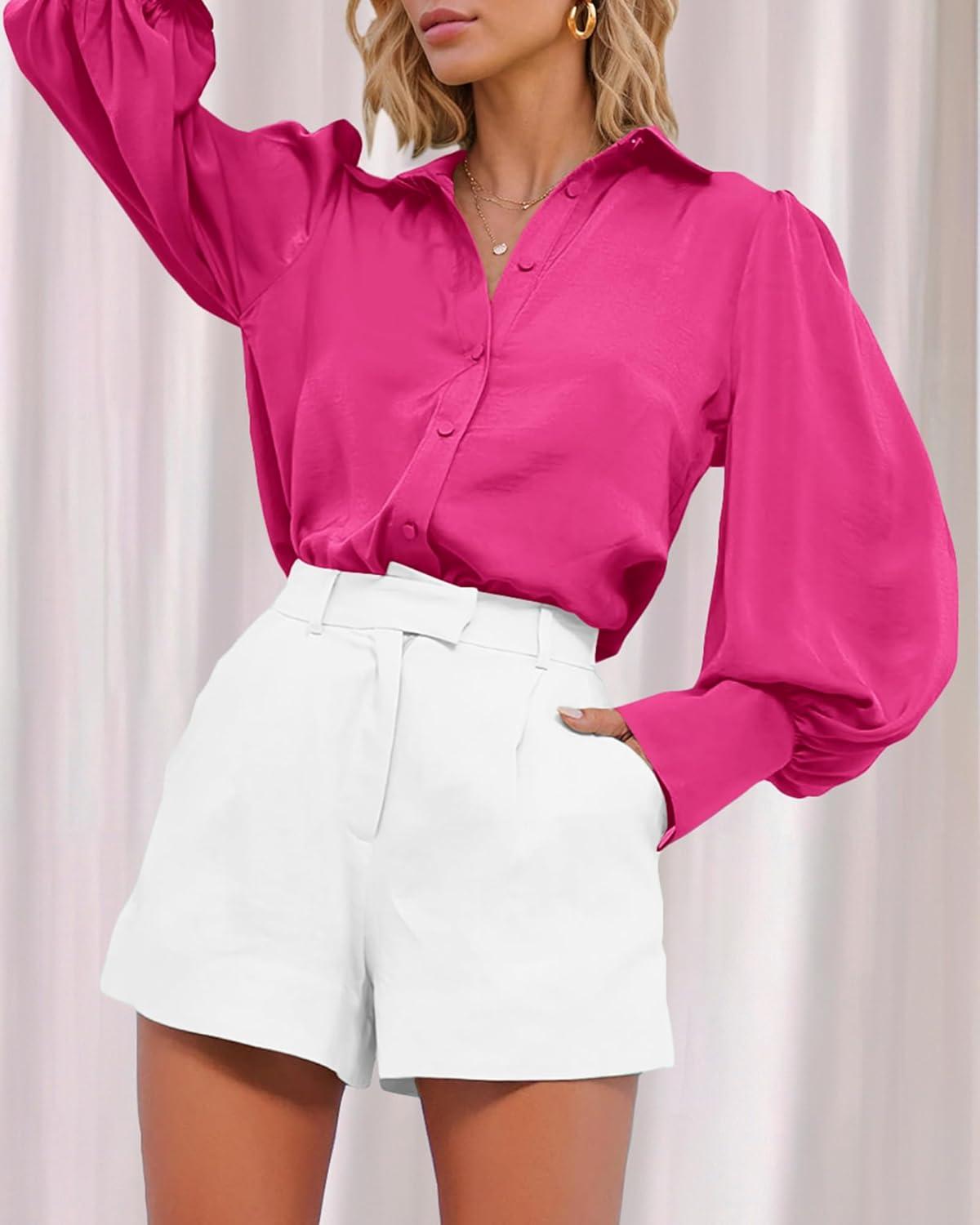 imageBTFBM Women Satin Button Down Shirts Lantern Long Sleeve Blouses Summer Fall Business Casual Outfits Dressy Work TopsRose Red