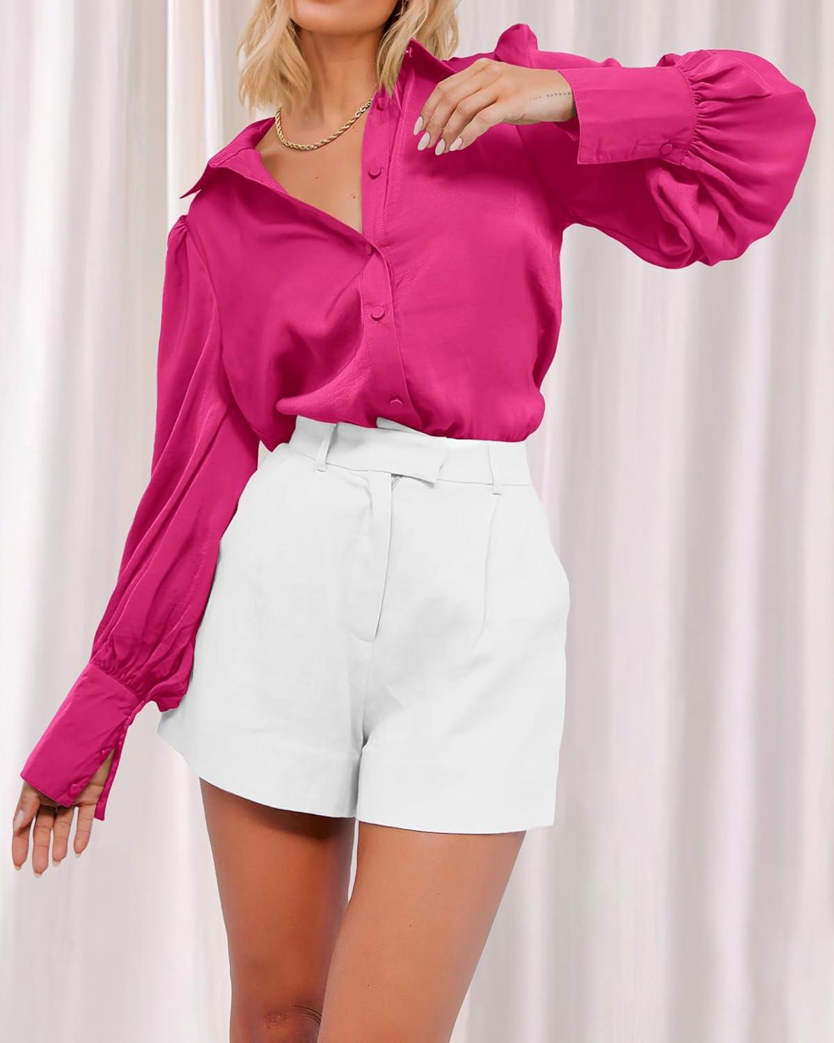 imageBTFBM Women Satin Button Down Shirts Lantern Long Sleeve Blouses Summer Fall Business Casual Outfits Dressy Work TopsRose Red