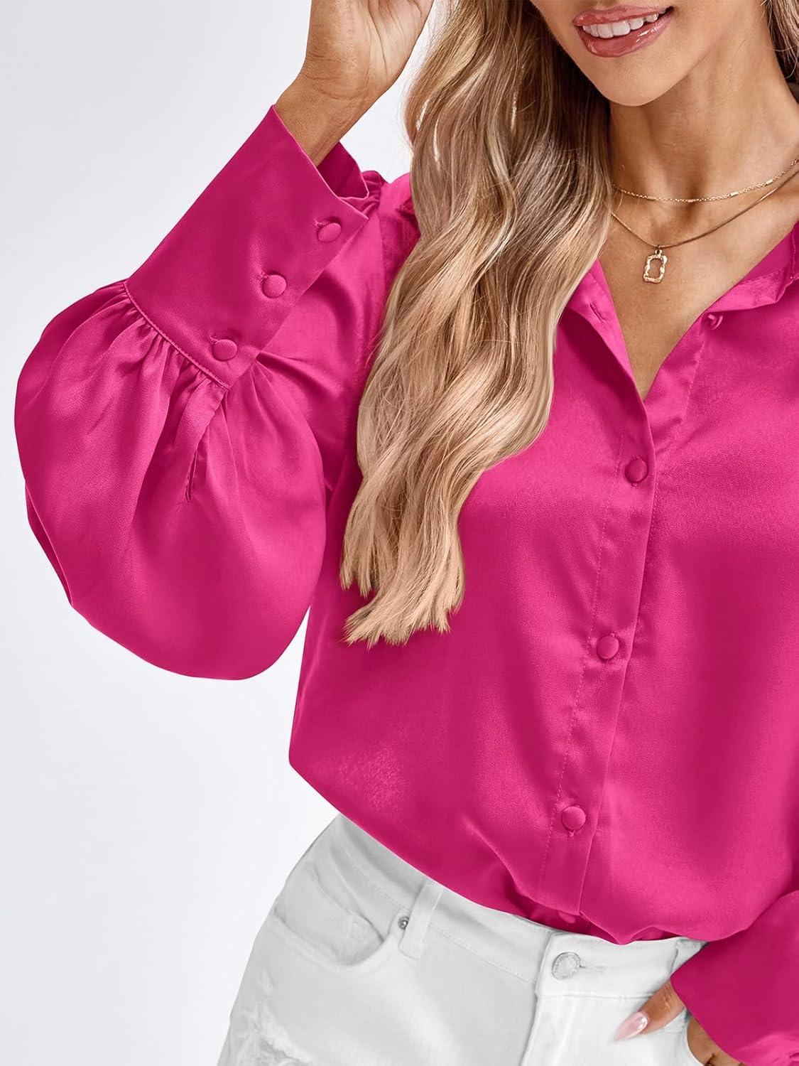 imageBTFBM Women Satin Button Down Shirts Lantern Long Sleeve Blouses Summer Fall Business Casual Outfits Dressy Work TopsRose Red