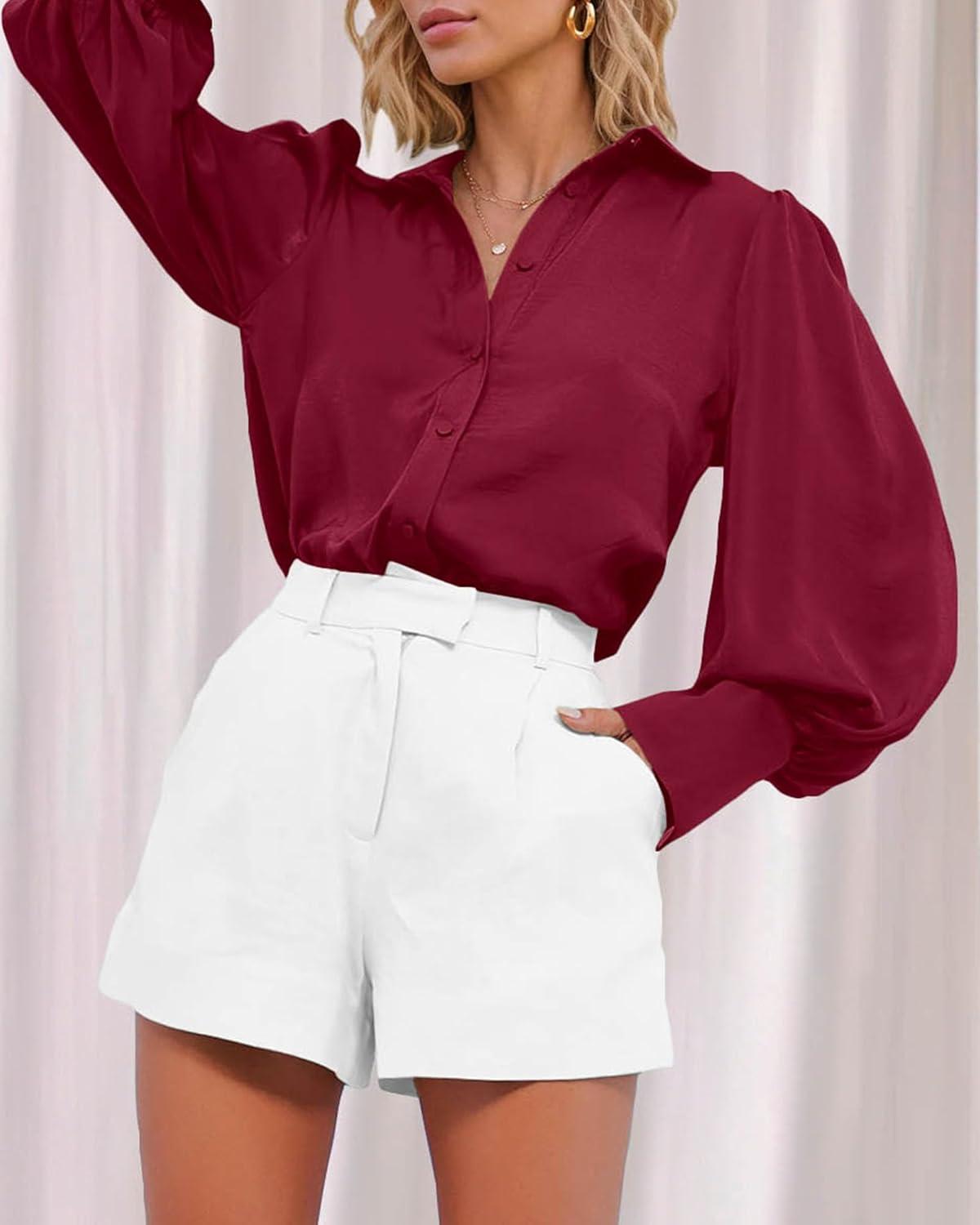 imageBTFBM Women Satin Button Down Shirts Lantern Long Sleeve Blouses Summer Fall Business Casual Outfits Dressy Work TopsWine Red