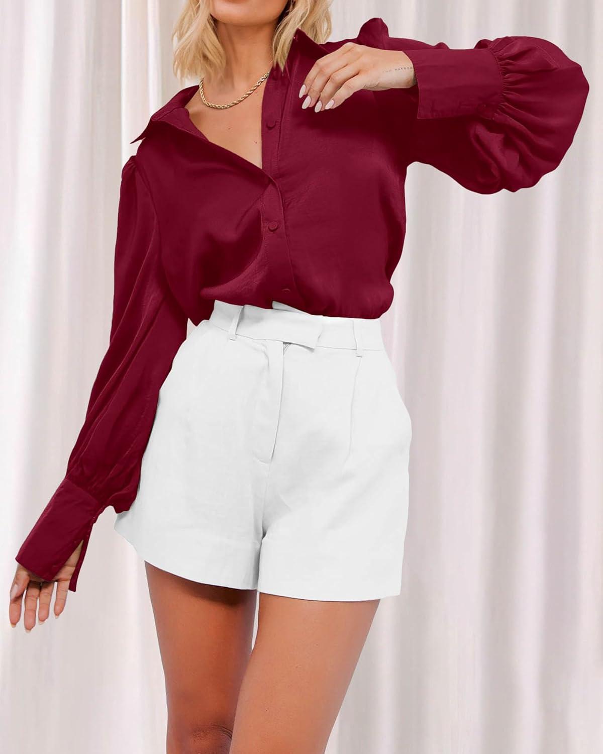 imageBTFBM Women Satin Button Down Shirts Lantern Long Sleeve Blouses Summer Fall Business Casual Outfits Dressy Work TopsWine Red