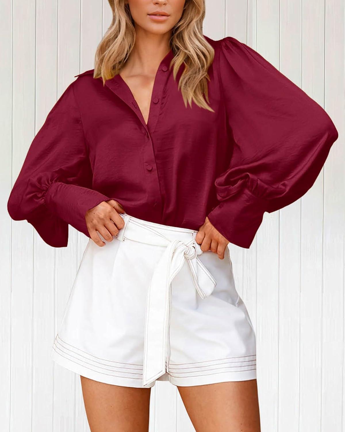 imageBTFBM Women Satin Button Down Shirts Lantern Long Sleeve Blouses Summer Fall Business Casual Outfits Dressy Work TopsWine Red