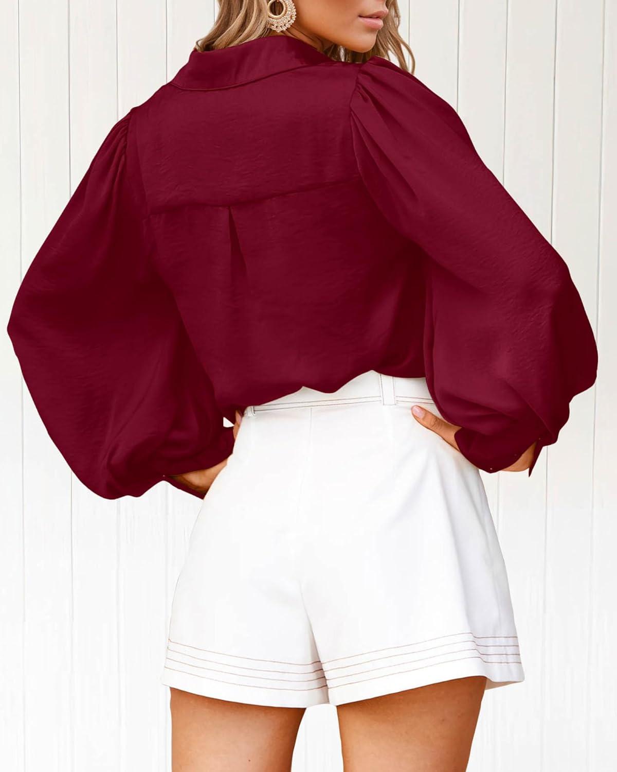 imageBTFBM Women Satin Button Down Shirts Lantern Long Sleeve Blouses Summer Fall Business Casual Outfits Dressy Work TopsWine Red