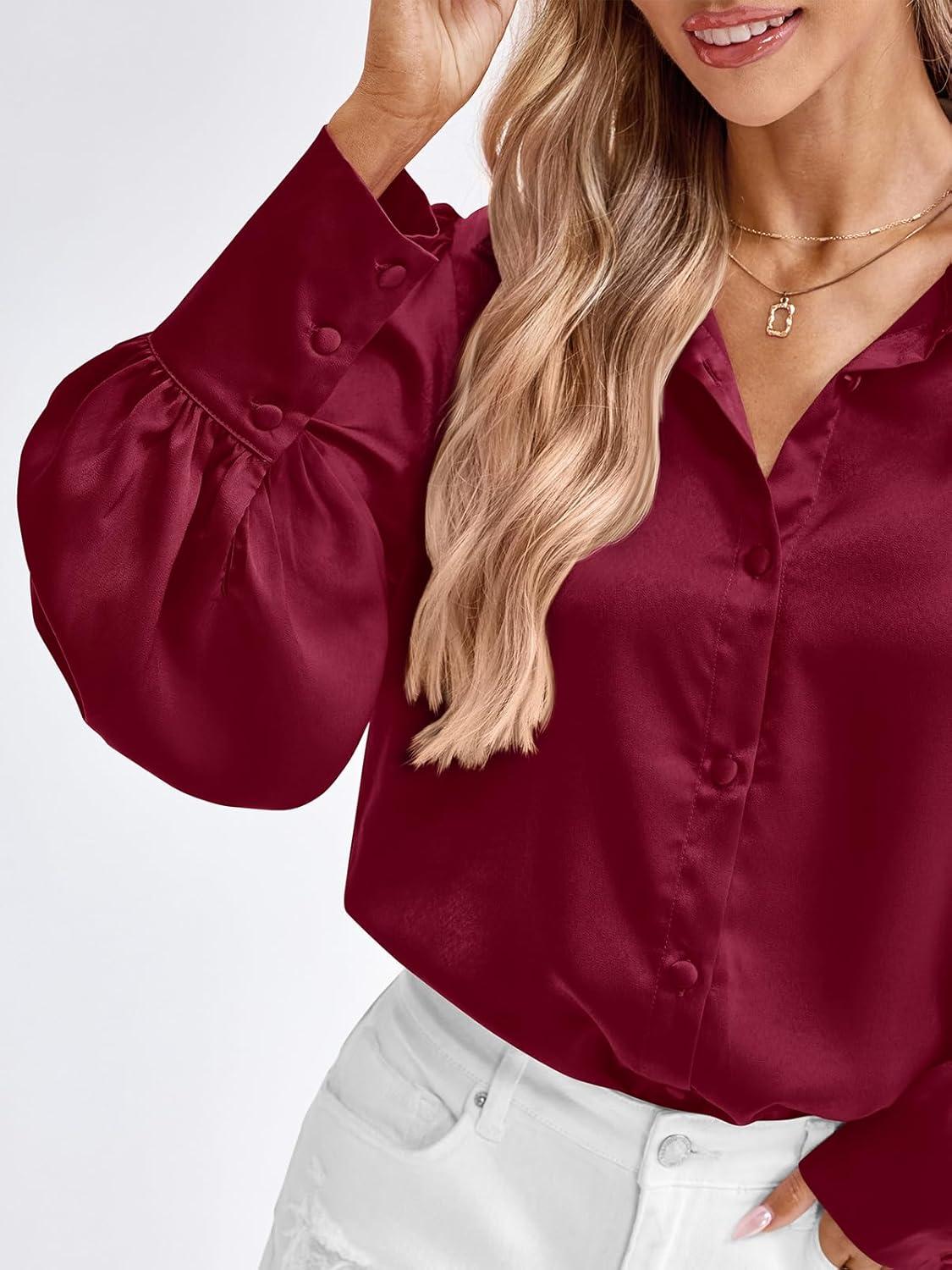 imageBTFBM Women Satin Button Down Shirts Lantern Long Sleeve Blouses Summer Fall Business Casual Outfits Dressy Work TopsWine Red