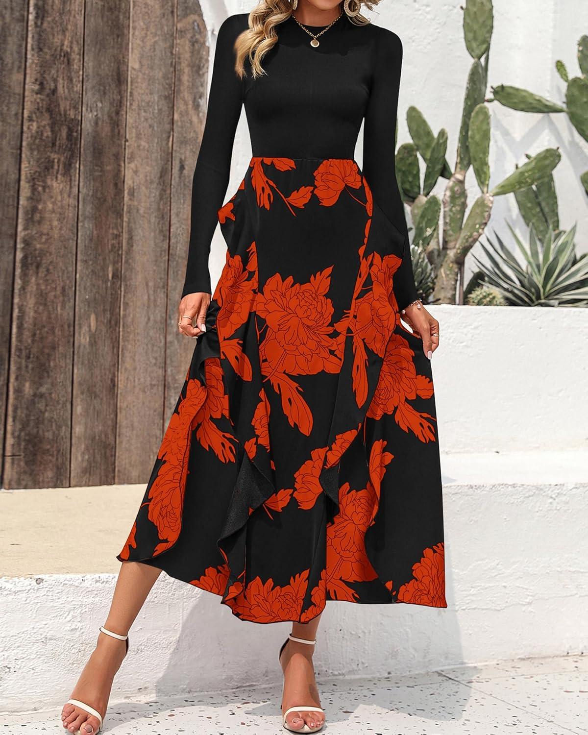 imageBTFBM Womens Floral Maxi Dress Fall 2025 Casual Crewneck Long Sleeve Ruffle Flowy Cocktail Wedding Guest DressesBig Floral Brick Red