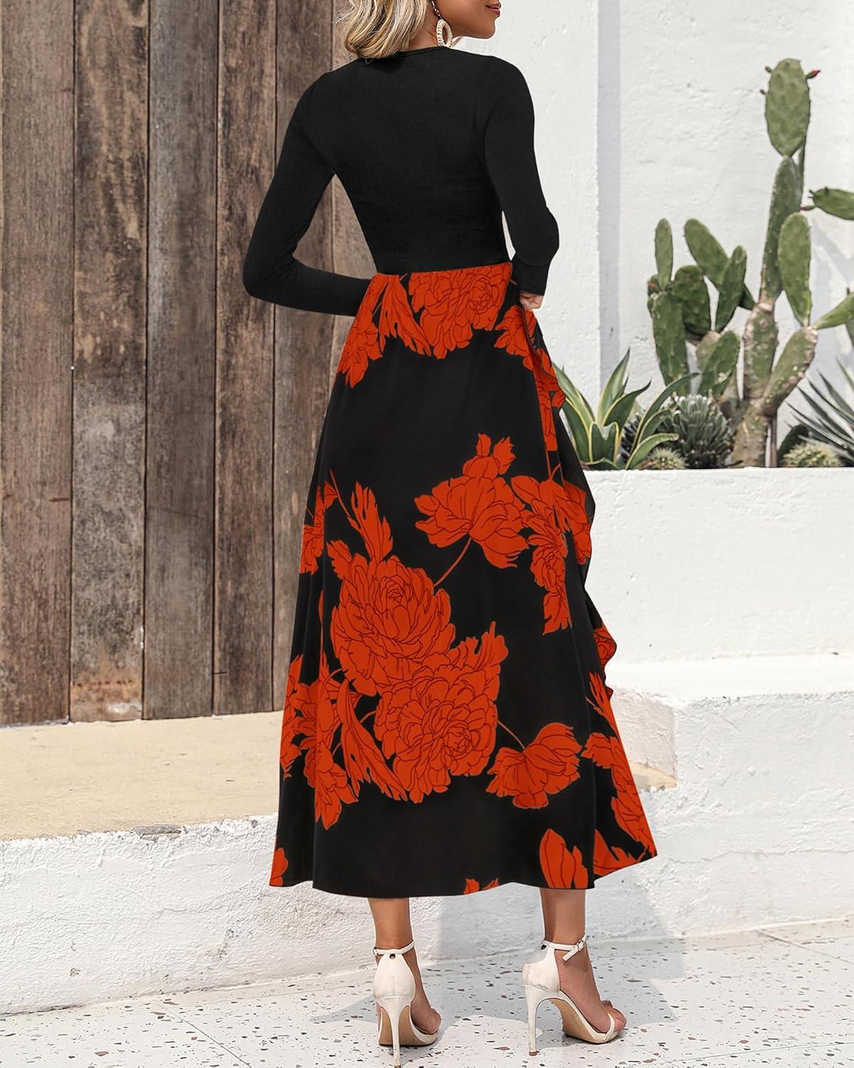 imageBTFBM Womens Floral Maxi Dress Fall 2025 Casual Crewneck Long Sleeve Ruffle Flowy Cocktail Wedding Guest DressesBig Floral Brick Red