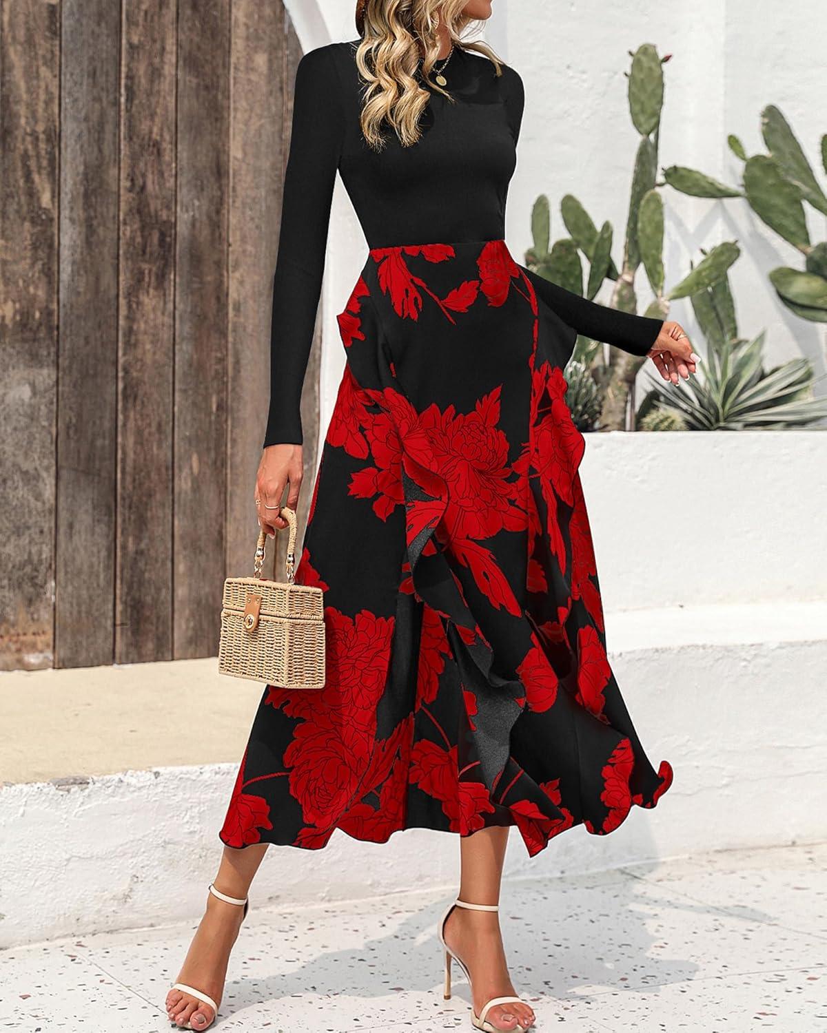 imageBTFBM Womens Floral Maxi Dress Fall 2025 Casual Crewneck Long Sleeve Ruffle Flowy Cocktail Wedding Guest DressesBig Floral Red