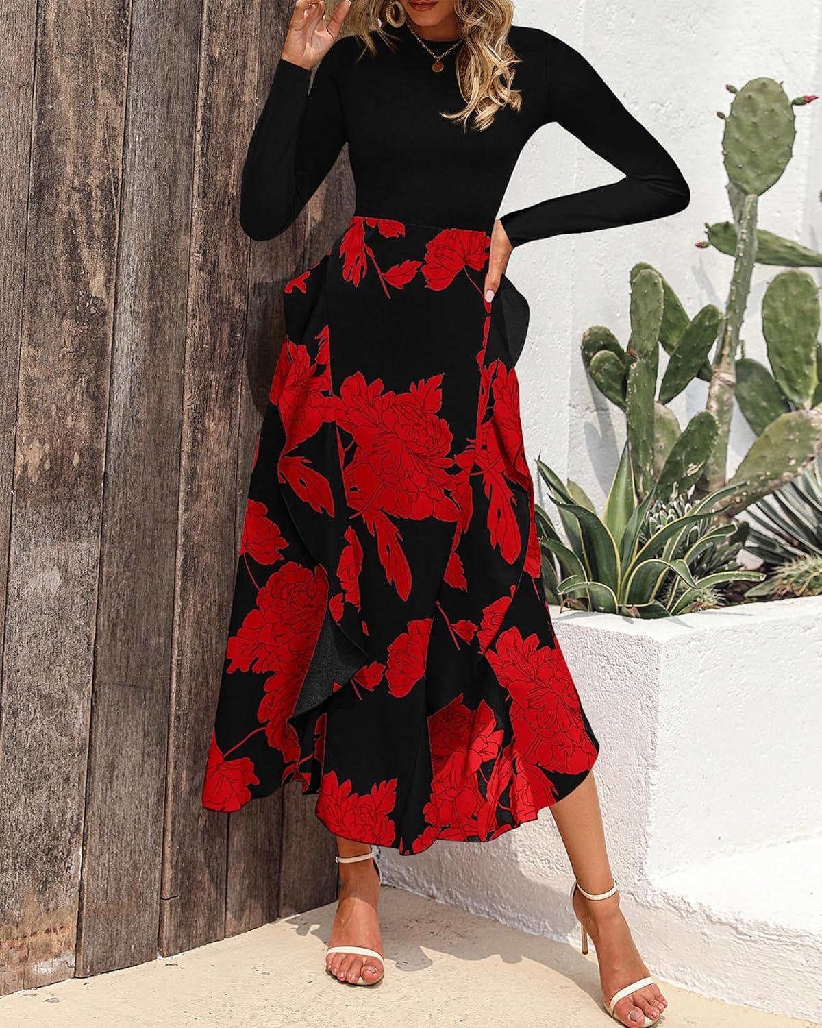 imageBTFBM Womens Floral Maxi Dress Fall 2025 Casual Crewneck Long Sleeve Ruffle Flowy Cocktail Wedding Guest DressesBig Floral Red