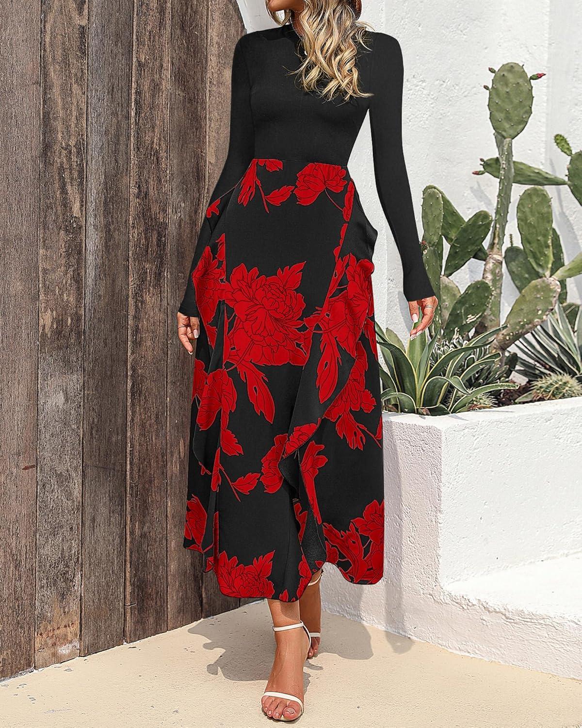 imageBTFBM Womens Floral Maxi Dress Fall 2025 Casual Crewneck Long Sleeve Ruffle Flowy Cocktail Wedding Guest DressesBig Floral Red