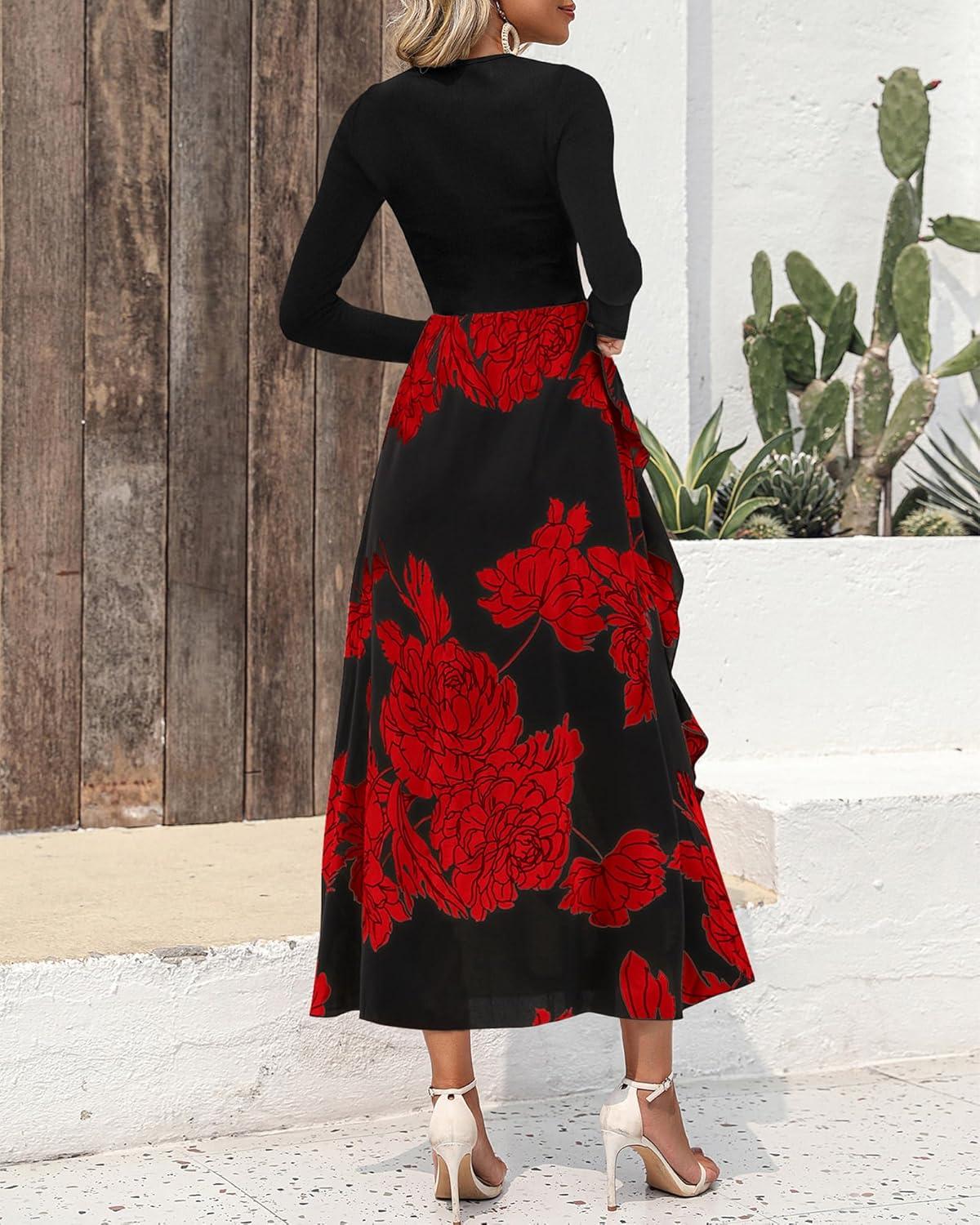 imageBTFBM Womens Floral Maxi Dress Fall 2025 Casual Crewneck Long Sleeve Ruffle Flowy Cocktail Wedding Guest DressesBig Floral Red