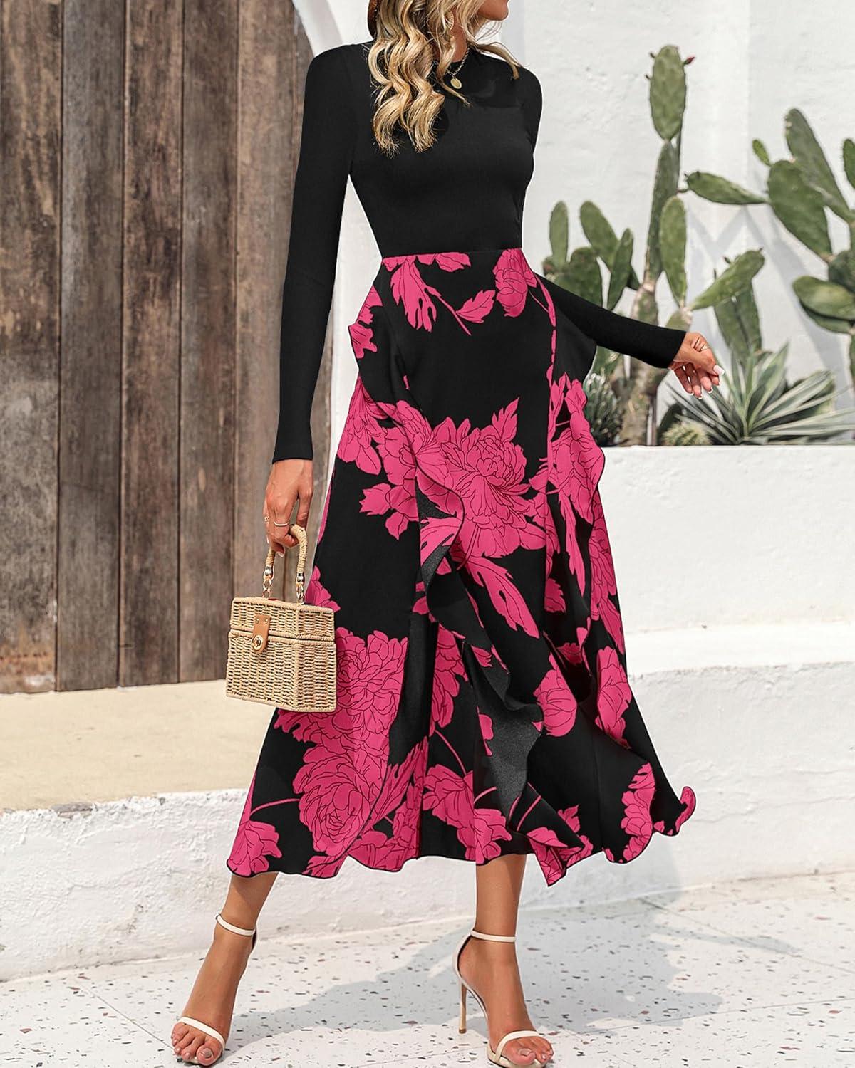 imageBTFBM Womens Floral Maxi Dress Fall 2025 Casual Crewneck Long Sleeve Ruffle Flowy Cocktail Wedding Guest DressesBig Floral Rose Red