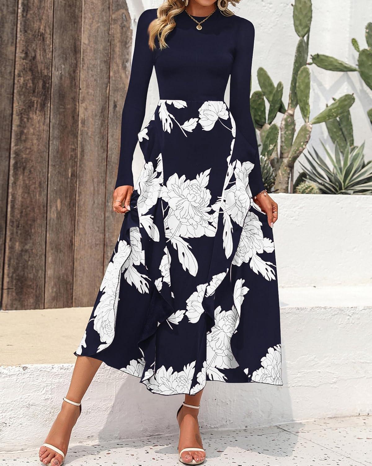 imageBTFBM Womens Floral Maxi Dress Fall 2025 Casual Crewneck Long Sleeve Ruffle Flowy Cocktail Wedding Guest DressesBig Floral White Navy