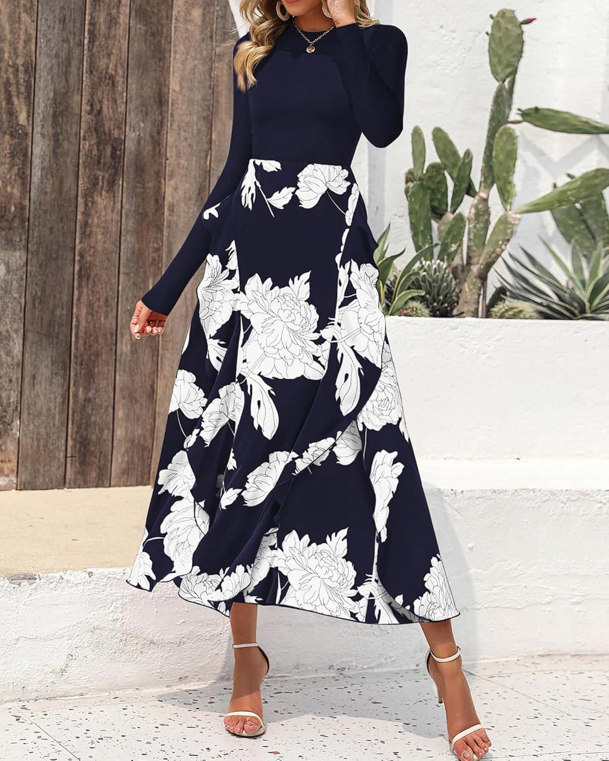 imageBTFBM Womens Floral Maxi Dress Fall 2025 Casual Crewneck Long Sleeve Ruffle Flowy Cocktail Wedding Guest DressesBig Floral White Navy
