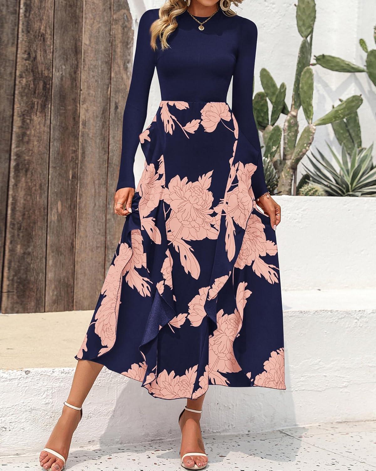 imageBTFBM Womens Floral Maxi Dress Fall 2025 Casual Crewneck Long Sleeve Ruffle Flowy Cocktail Wedding Guest DressesPink Floral Navy