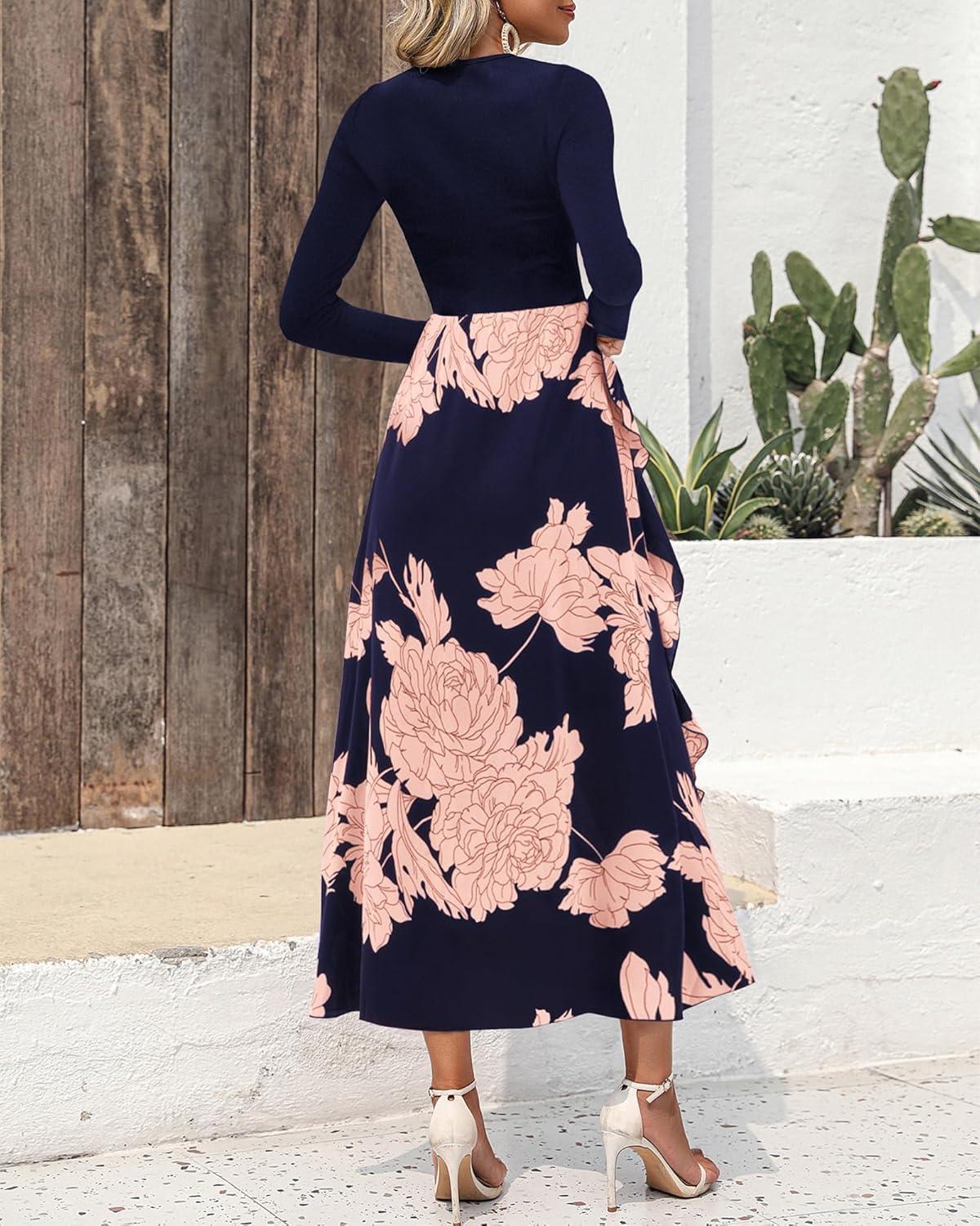 imageBTFBM Womens Floral Maxi Dress Fall 2025 Casual Crewneck Long Sleeve Ruffle Flowy Cocktail Wedding Guest DressesPink Floral Navy