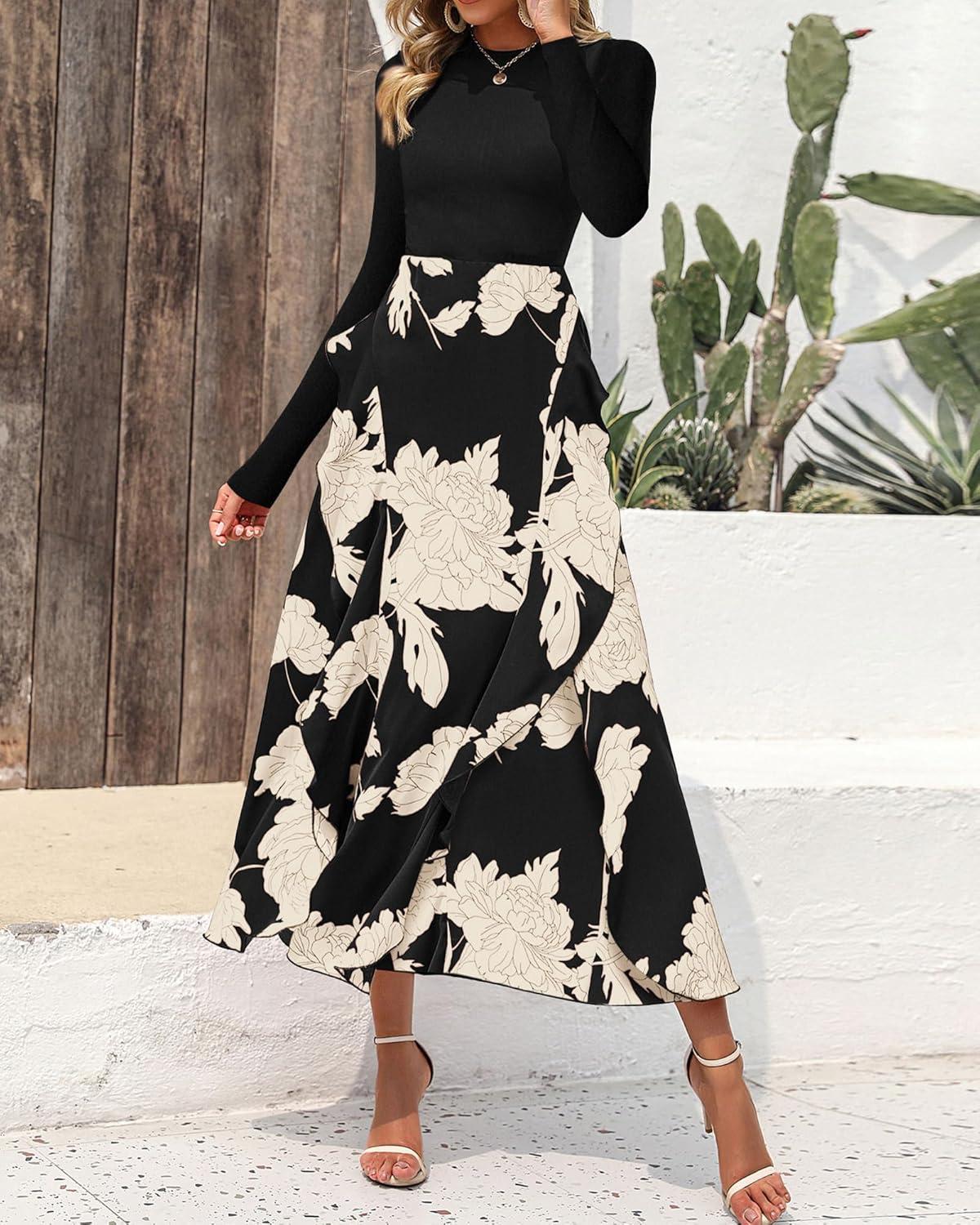 imageBTFBM Womens Floral Maxi Dress Fall 2025 Casual Crewneck Long Sleeve Ruffle Flowy Cocktail Wedding Guest DressesWhite Floral Black