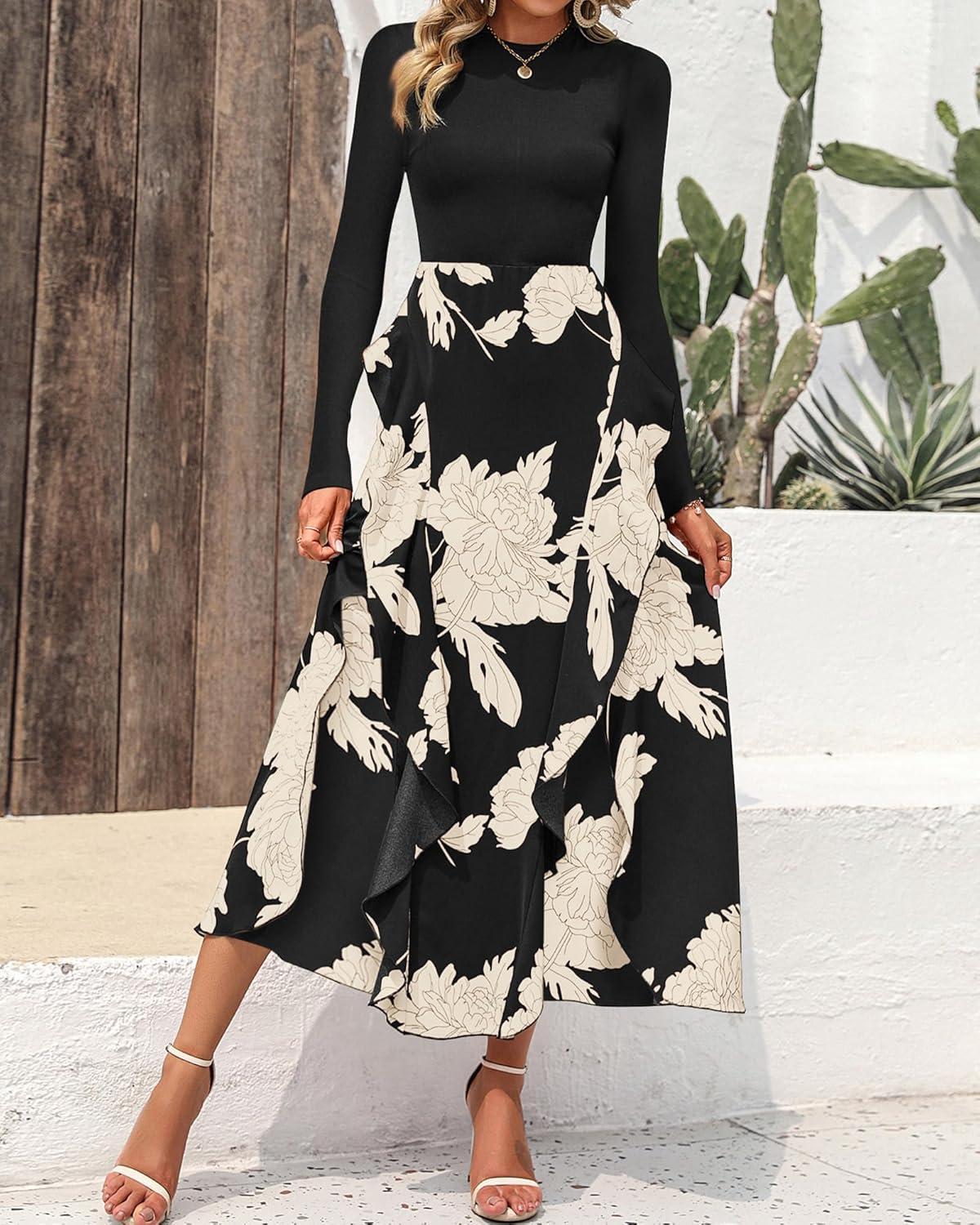 imageBTFBM Womens Floral Maxi Dress Fall 2025 Casual Crewneck Long Sleeve Ruffle Flowy Cocktail Wedding Guest DressesWhite Floral Black