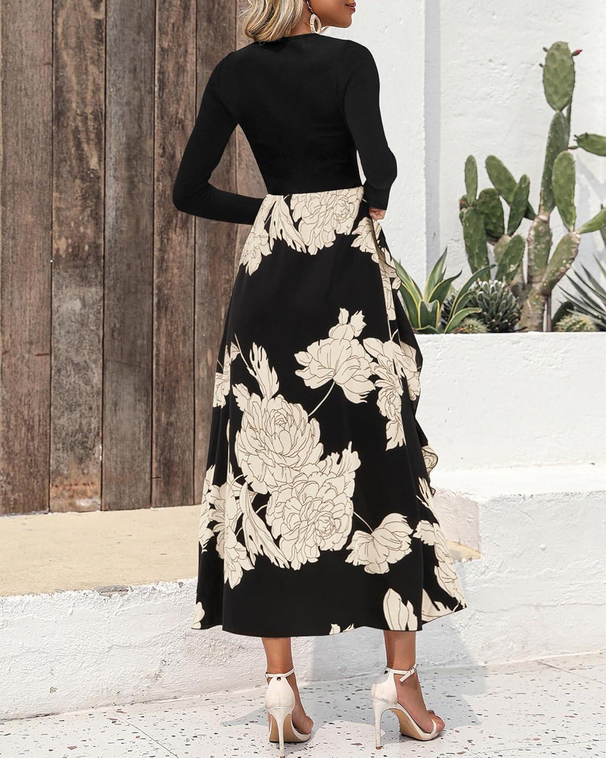 imageBTFBM Womens Floral Maxi Dress Fall 2025 Casual Crewneck Long Sleeve Ruffle Flowy Cocktail Wedding Guest DressesWhite Floral Black